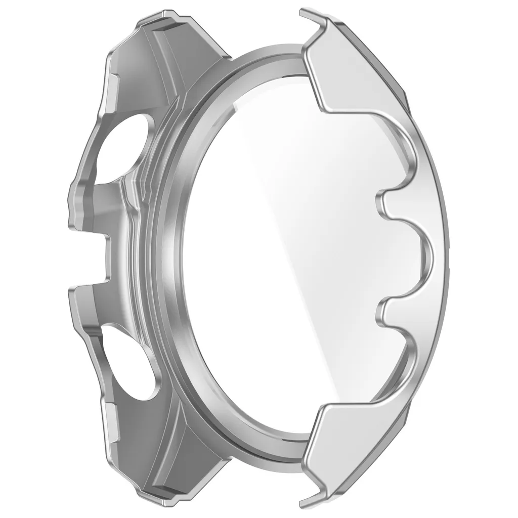 Eine silberne Schutzhülle für eine Smartwatch mit glänzenden Kanten und Aussparungen für Tasten.