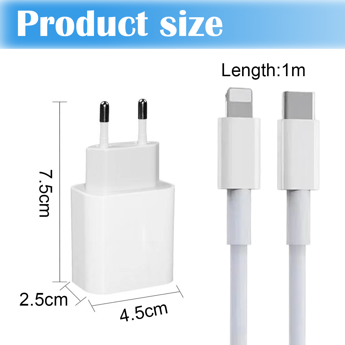 Diagramm zeigt die Produktgröße eines weißen Ladegeräts (7,5x4,5x2,5 cm) und eines 1m langen Kabels.