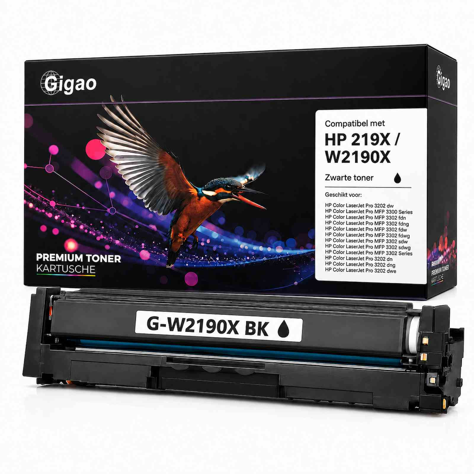 Schwarze Gigao Tonerkartusche G-W2190X BK vor der Verpackung mit einem fliegenden Eisvogel.