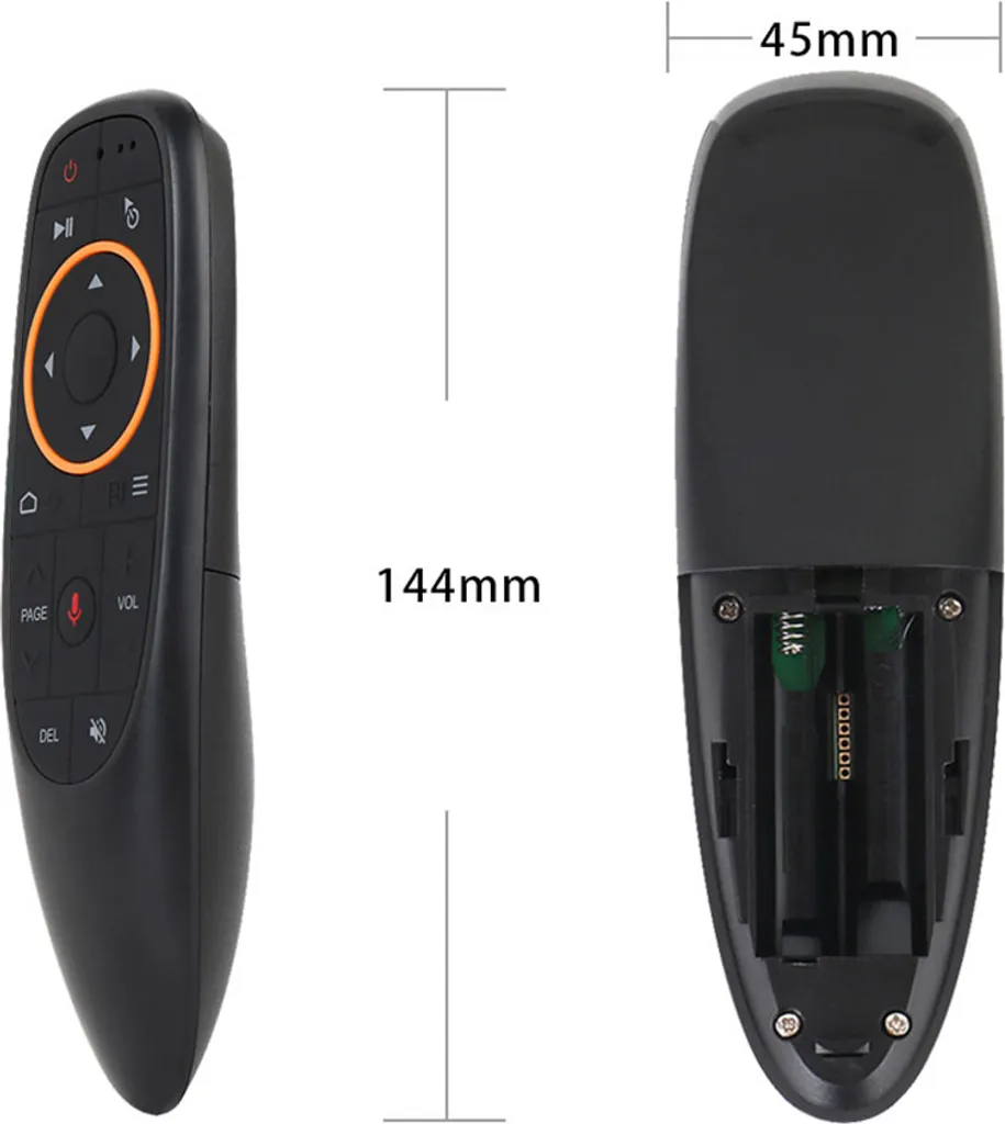 Schwarze Fernbedienung, 144 mm hoch und 45 mm breit, mit Knöpfen vorne und offenem Batteriefach.