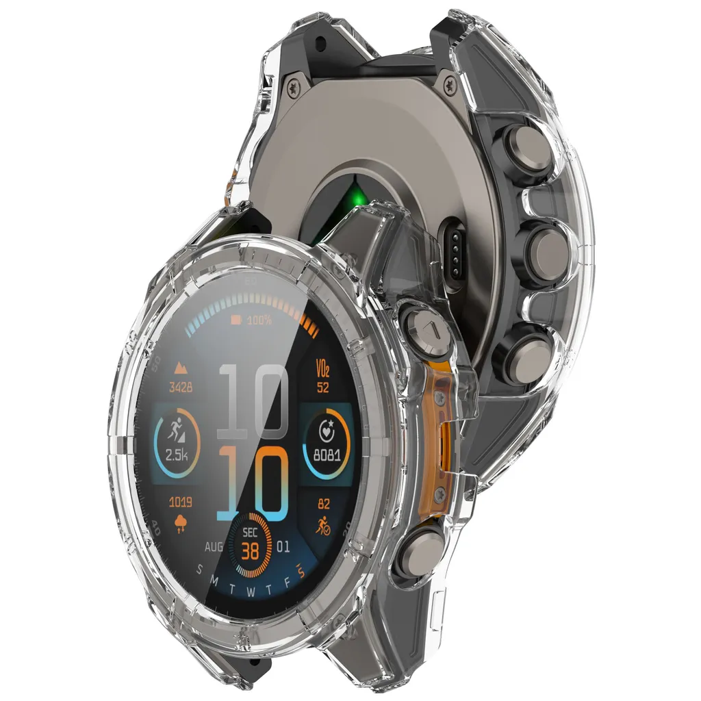 Eine Smartwatch in einem transparenten Schutzgehäuse auf weißem Hintergrund.