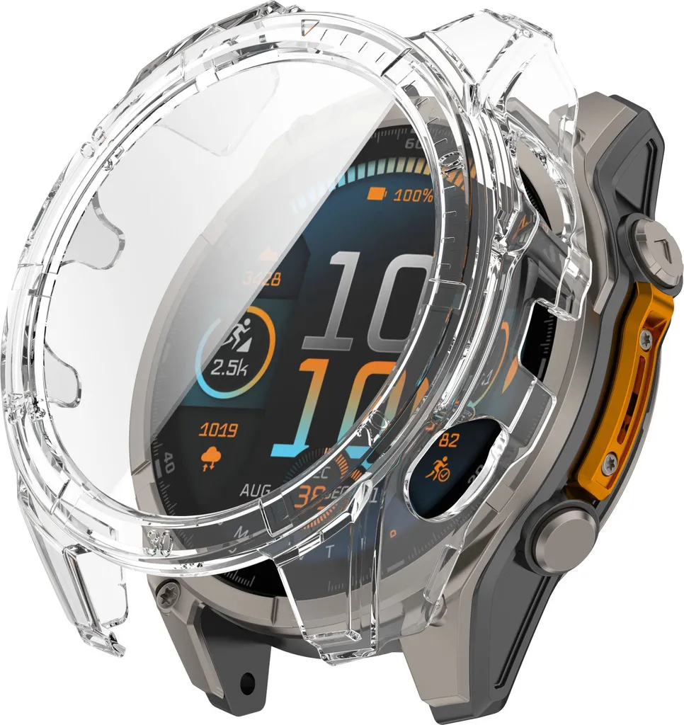 Eine robuste Smartwatch mit einem transparenten Schutzgehäuse und einem digitalen Display.