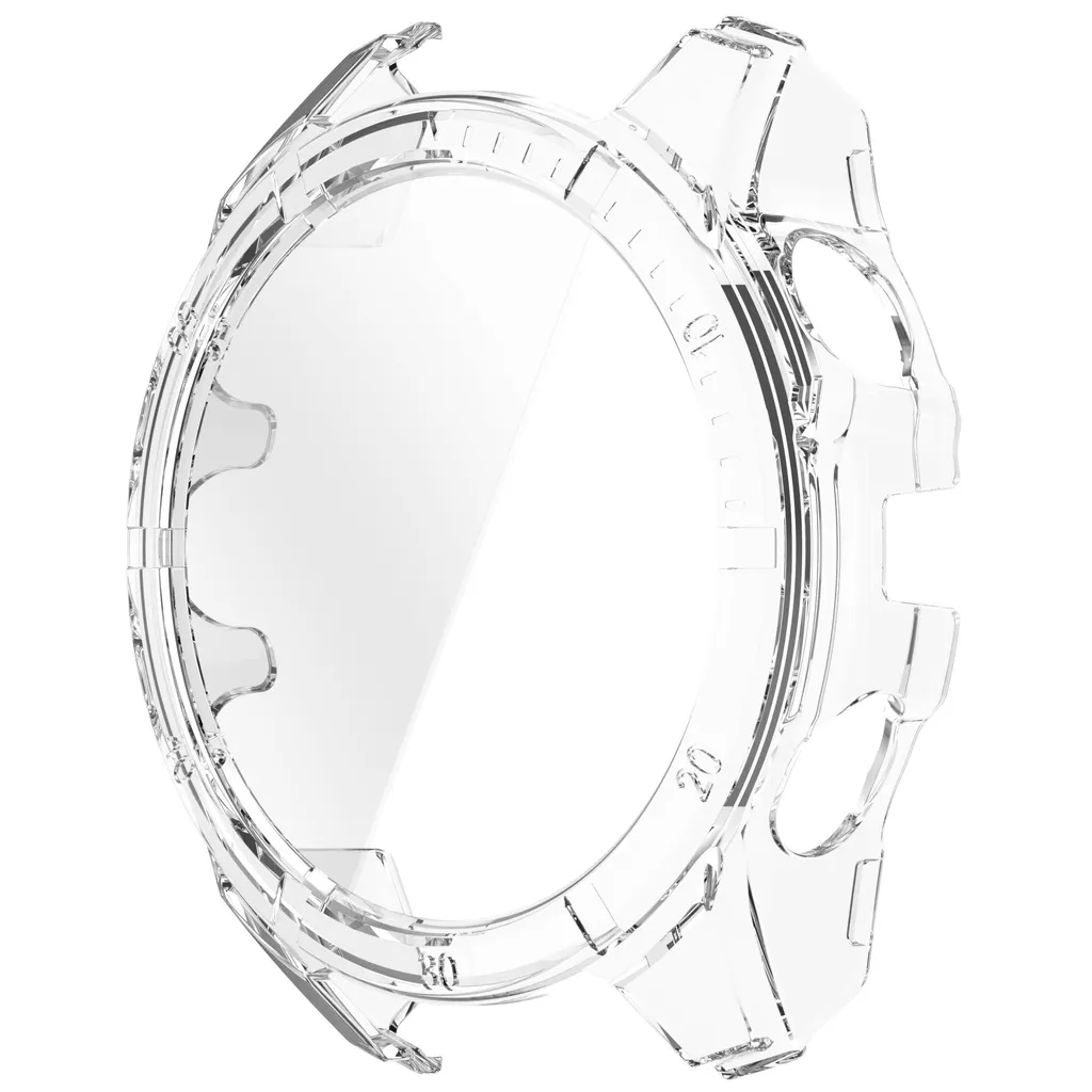 Transparente, klare Schutzhülle für eine Smartwatch auf weißem Hintergrund.
