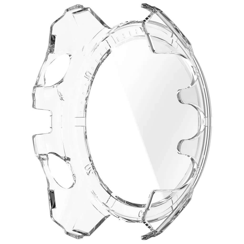Transparente, schützende Smartwatch-Hülle vor einem weißen Hintergrund.