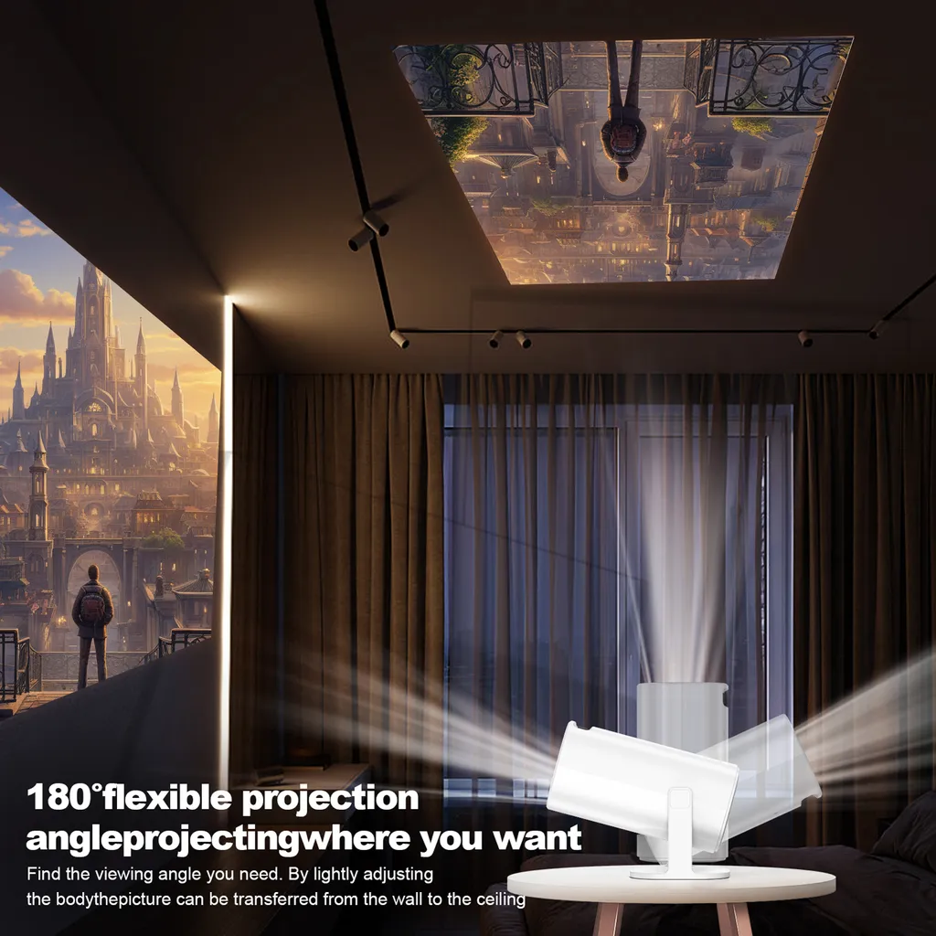 Ein weißer Projektor auf einem Tisch projiziert ein Bild an die Decke und Wand mit Text über flexible Projektion.