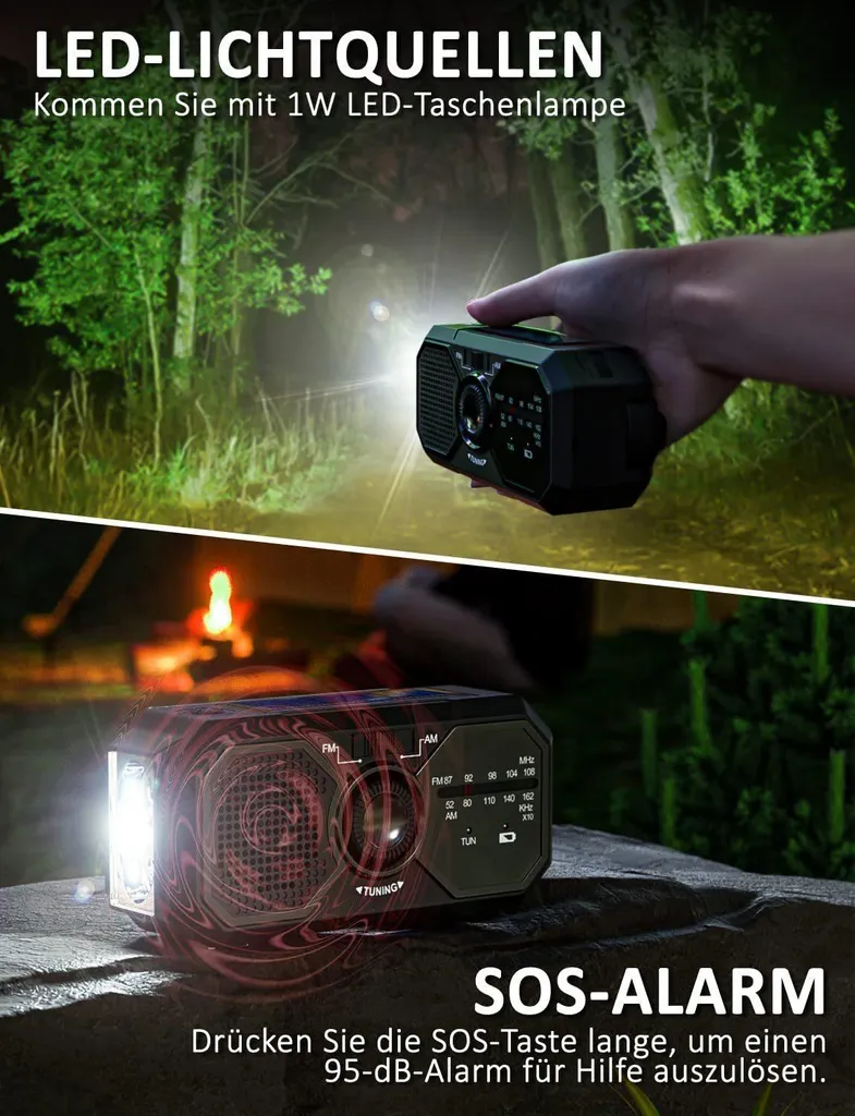 Notfallradio mit LED-Taschenlampe in der Hand und auf einem Stein im Wald mit SOS-Alarm.