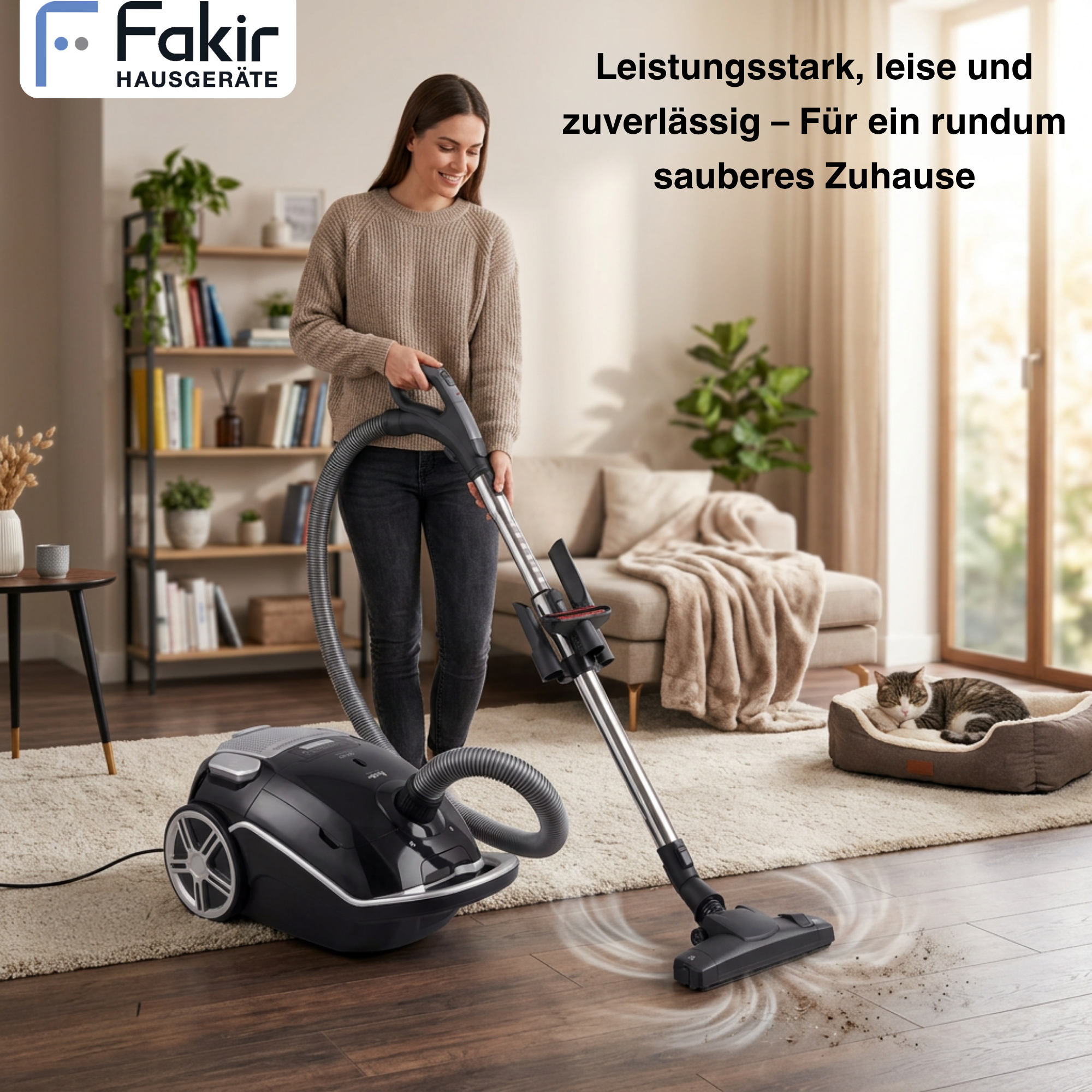 Eine Frau in einem gemütlichen Wohnzimmer saugt mit einem schwarzen Staubsauger den Holzboden, während eine Katze schläft.
