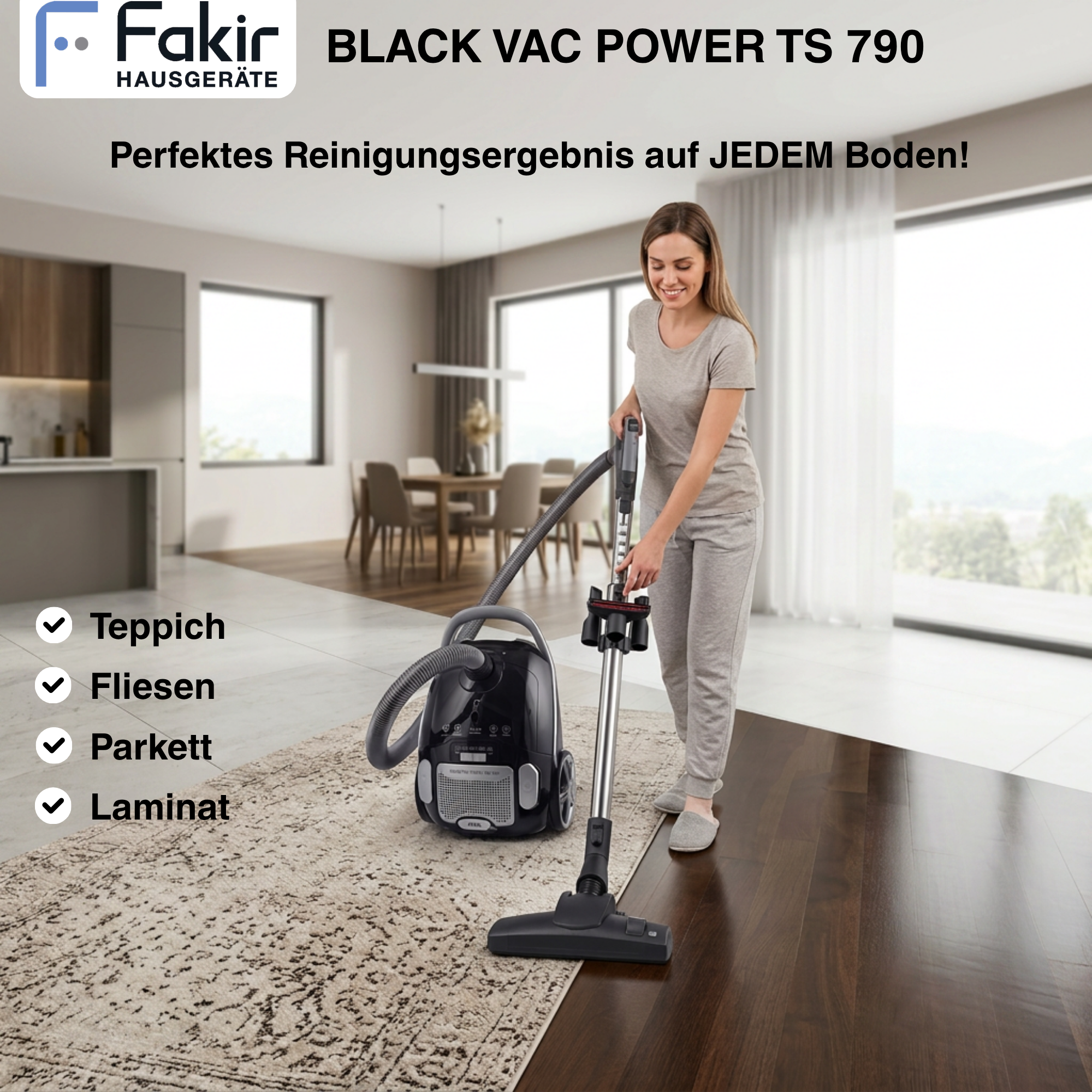 Eine Frau in grauer Kleidung saugt mit einem schwarzen Fakir-Staubsauger den Teppich in einem modernen Wohnzimmer.