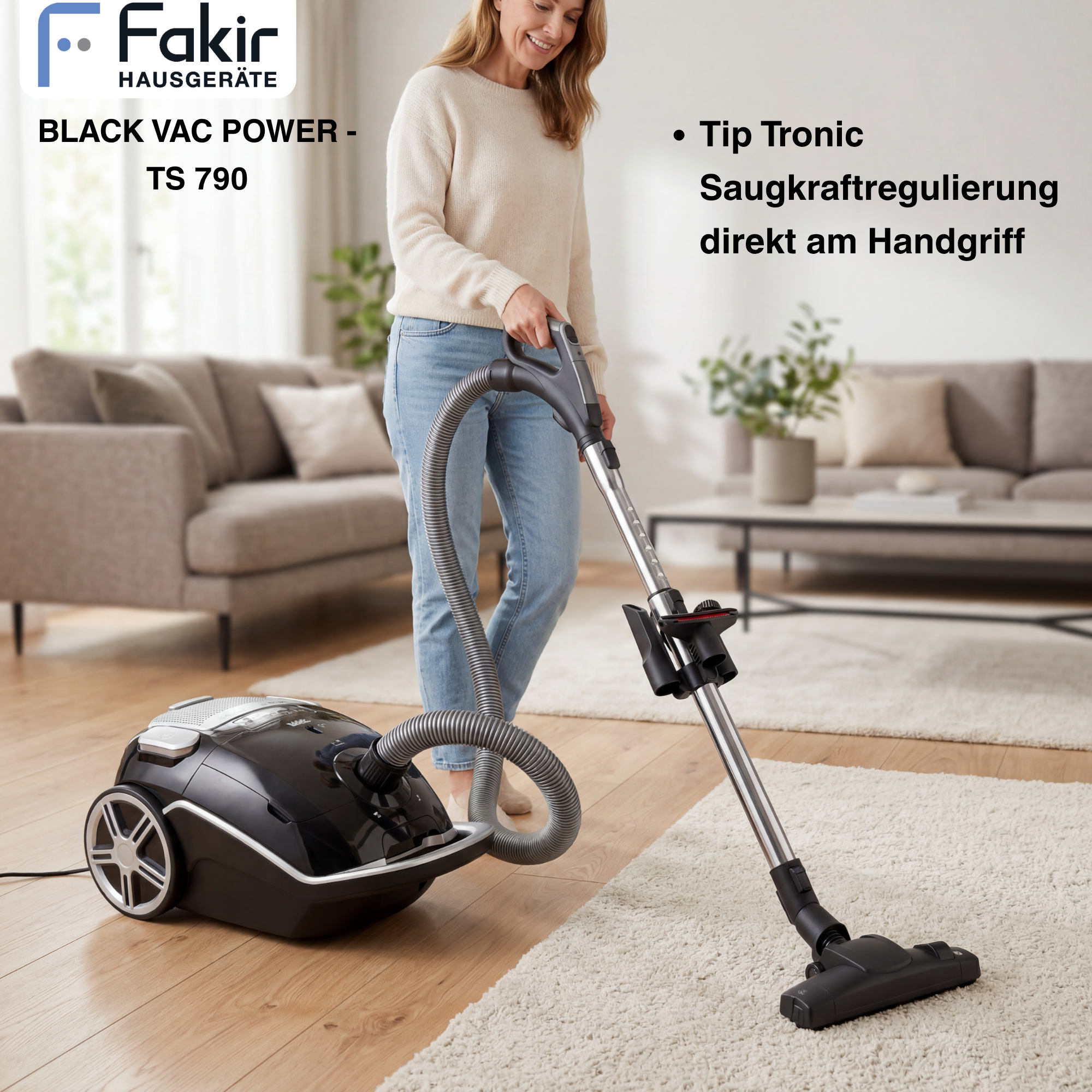 Eine lächelnde Frau benutzt einen schwarzen Fakir Staubsauger auf einem Teppich.