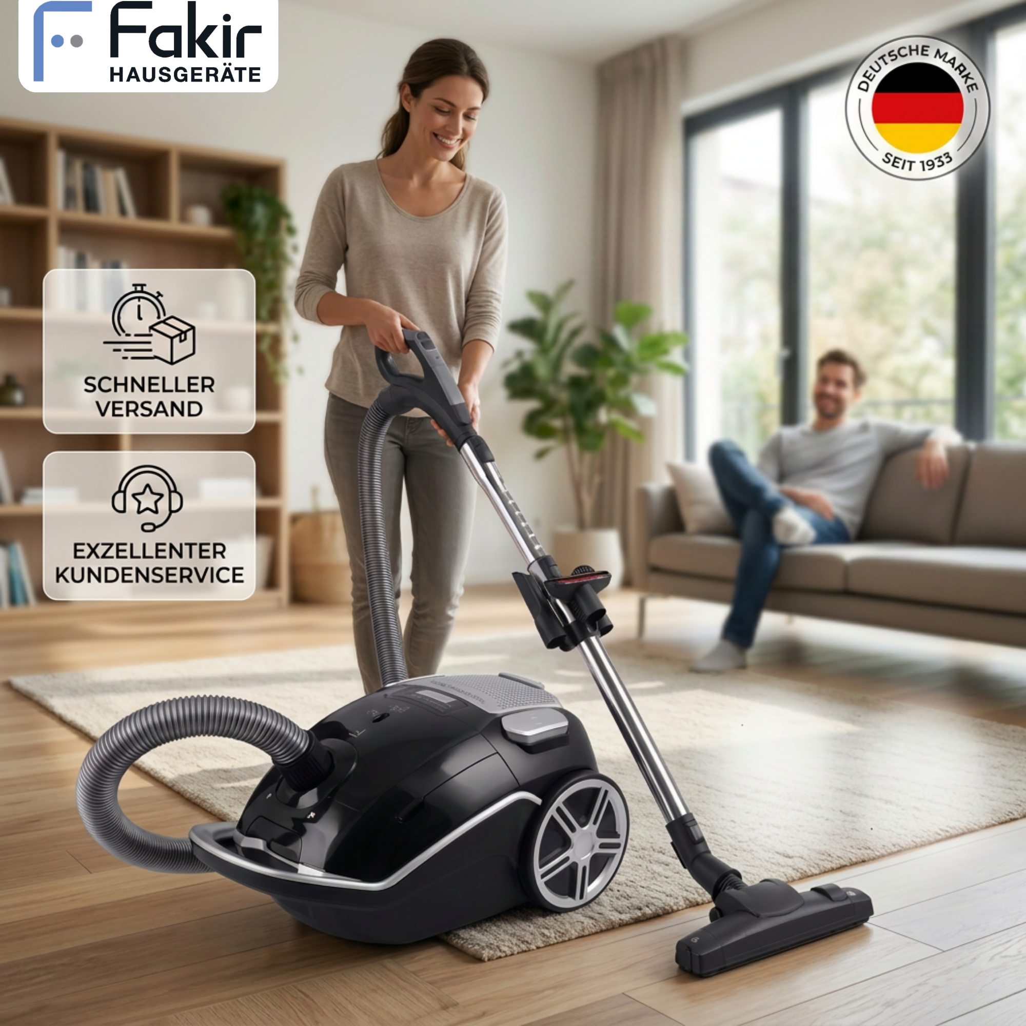 Eine Frau saugt ein Wohnzimmer mit einem schwarzen Staubsauger, während ein Mann auf dem Sofa sitzt.