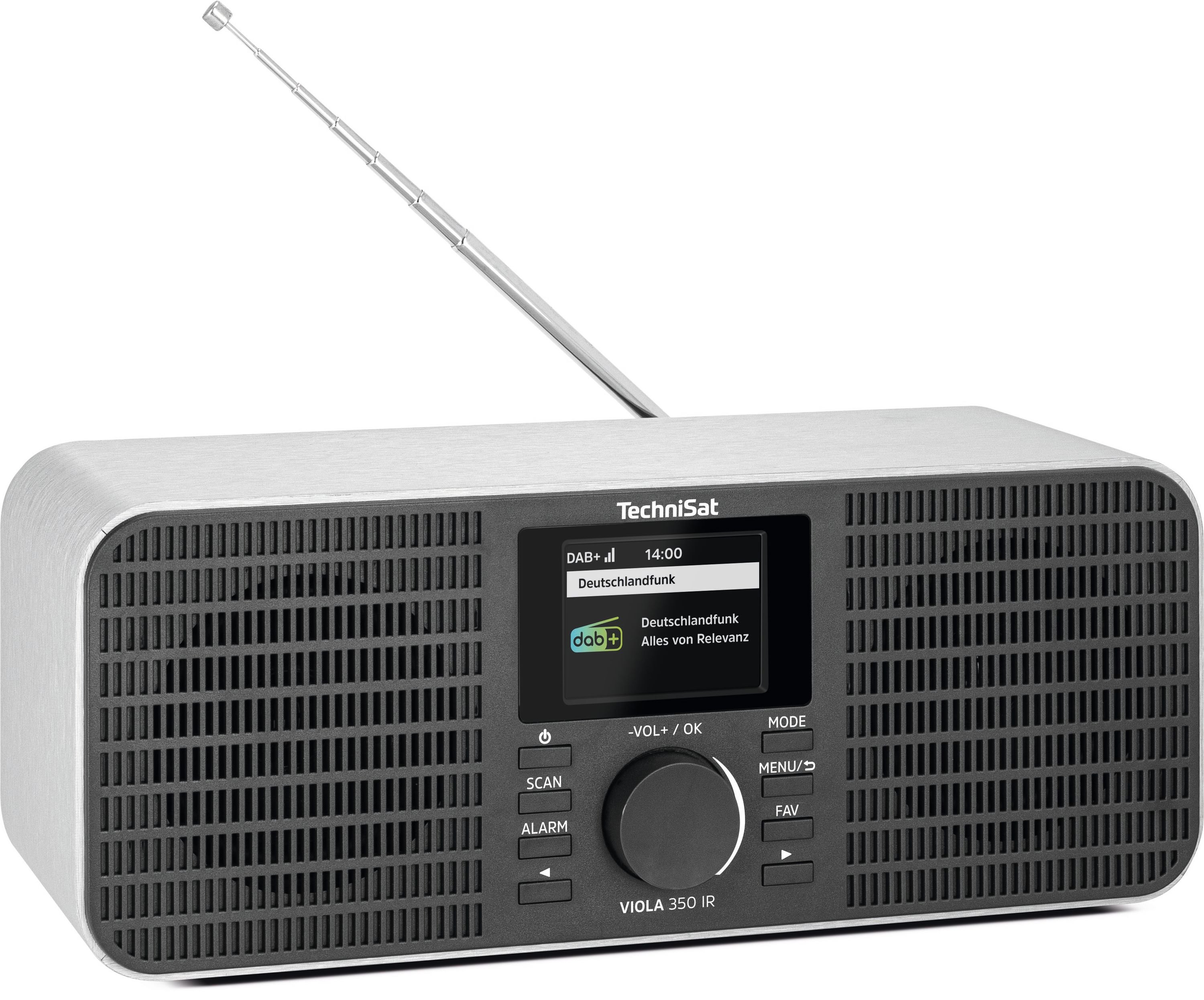 Silber-schwarzes TechniSat Viola 350 IR Digitalradio mit Display, Antenne und Bedienelementen auf weißem Grund.
