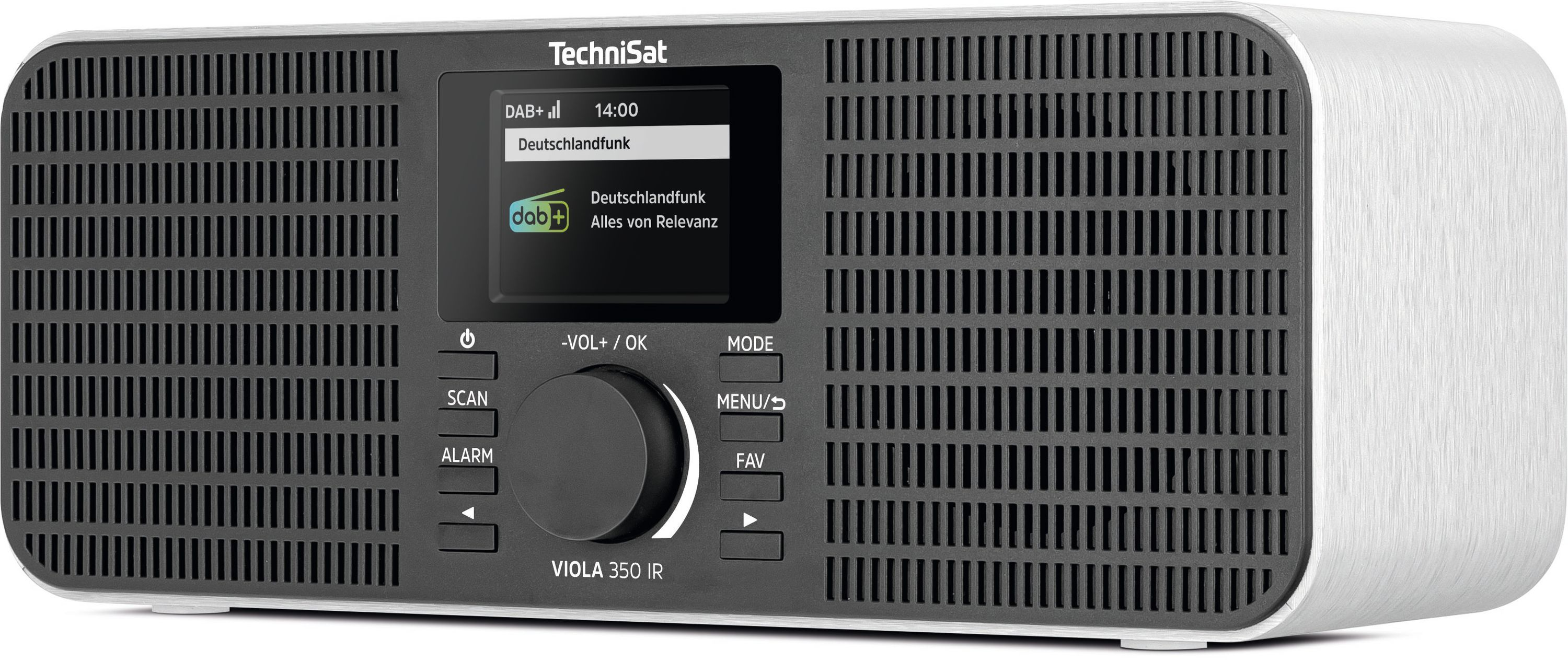 TechniSat Viola 350 IR Digitalradio mit Bildschirm, Lautsprechern und Bedienknöpfen auf grauer Front.