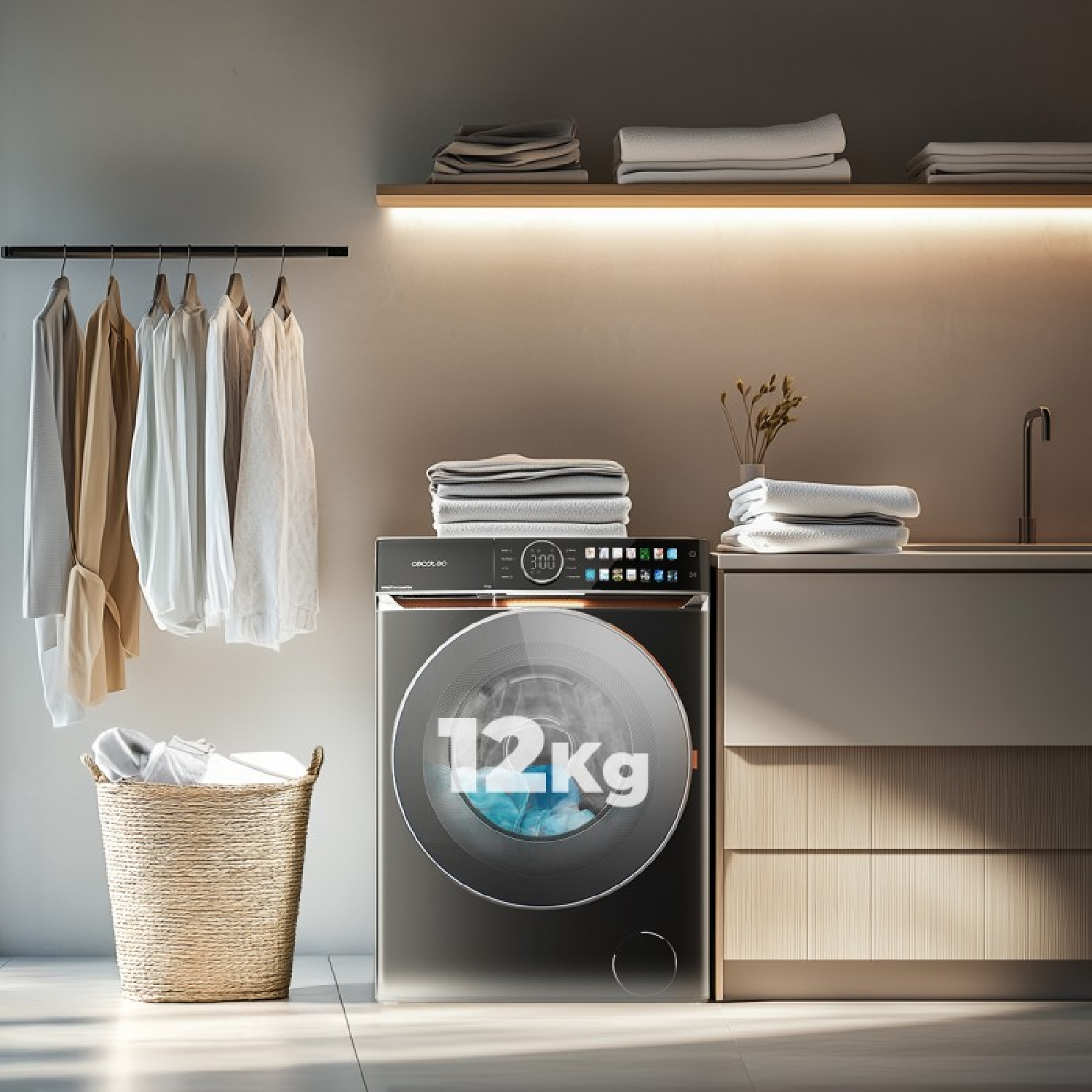 Moderna lavadora en un cuarto de lavado luminoso y ordenado con ropa colgada y estantes.