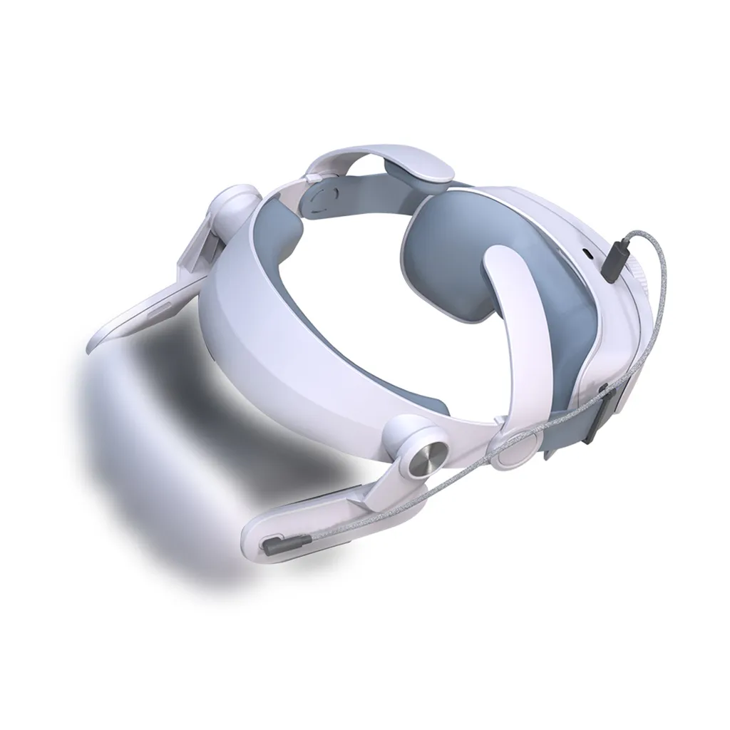 Weißes VR-Headset-Zubehör mit blauem Innenfutter und Kabel auf weißem Hintergrund.