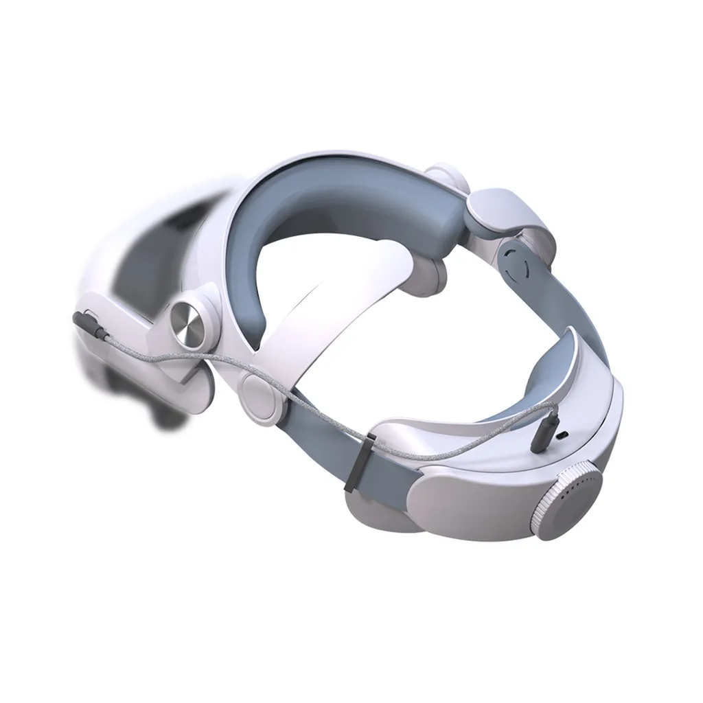 Ein weißes VR-Headset-Kopfband mit blauen Kissen und integriertem Audiokabel.