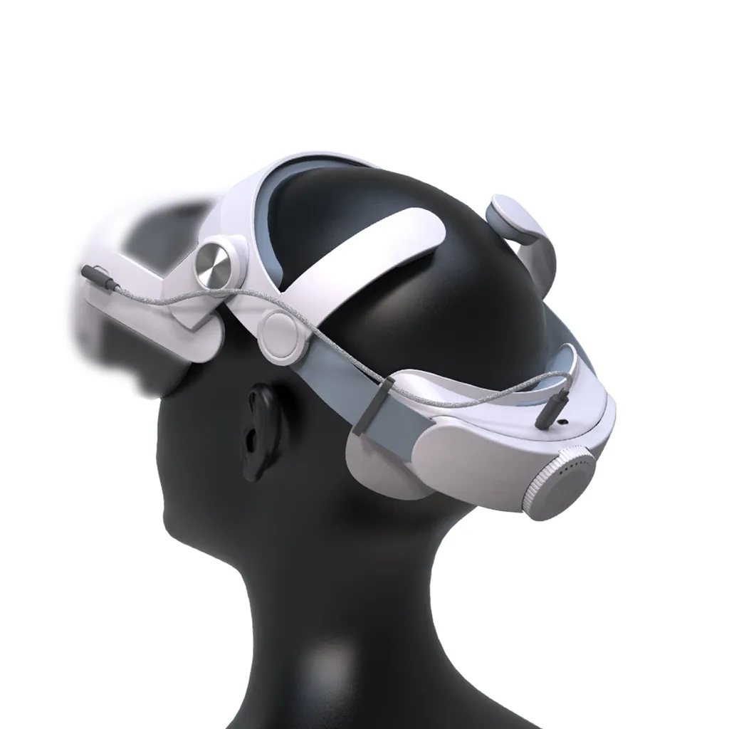 Ein weißes VR-Headset ist auf einem schwarzen Schaufensterpuppenkopf angebracht vor weißem Hintergrund.