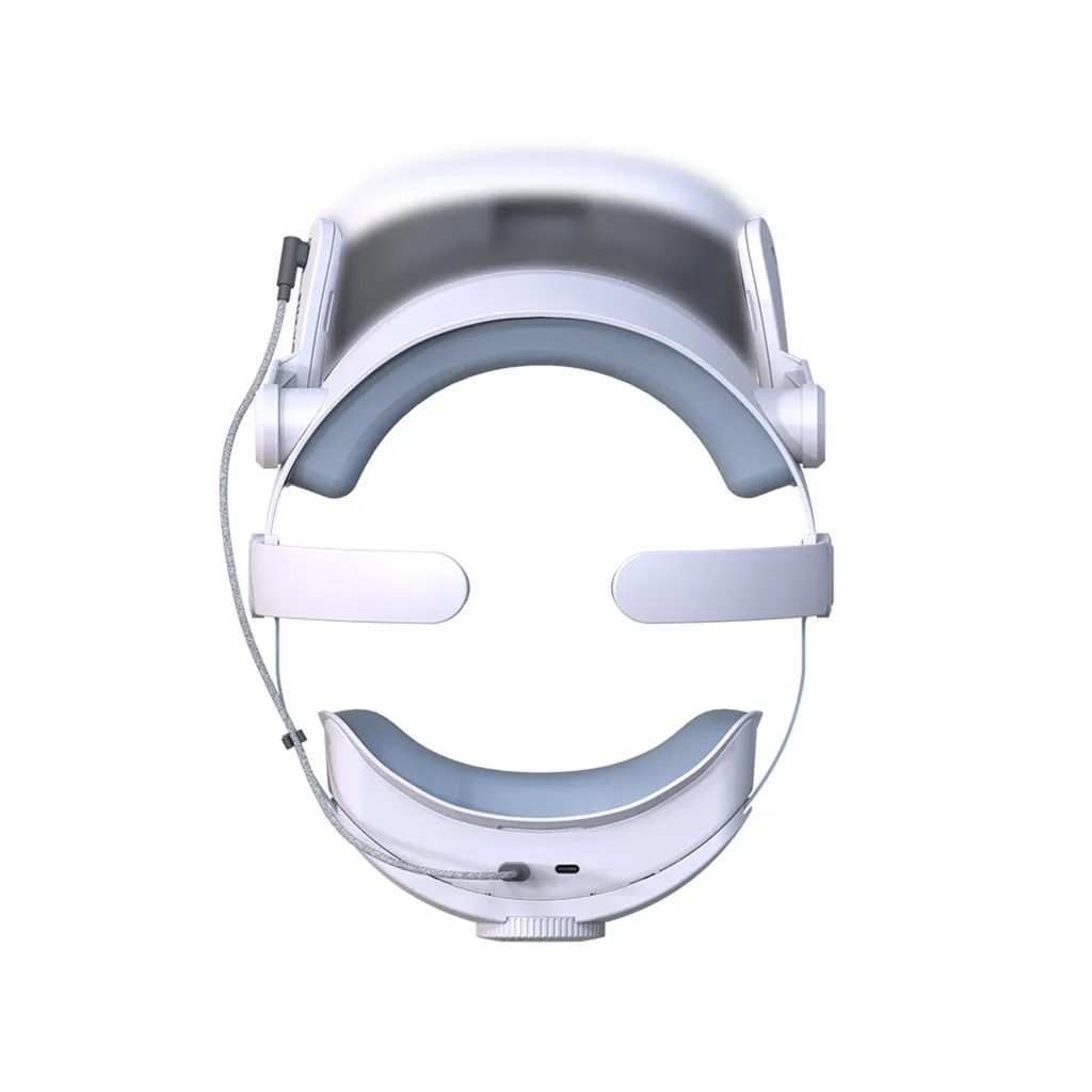 Ein weißes VR-Headset mit grauem Kabel und Polstern, von vorne auf klarem Hintergrund gesehen.