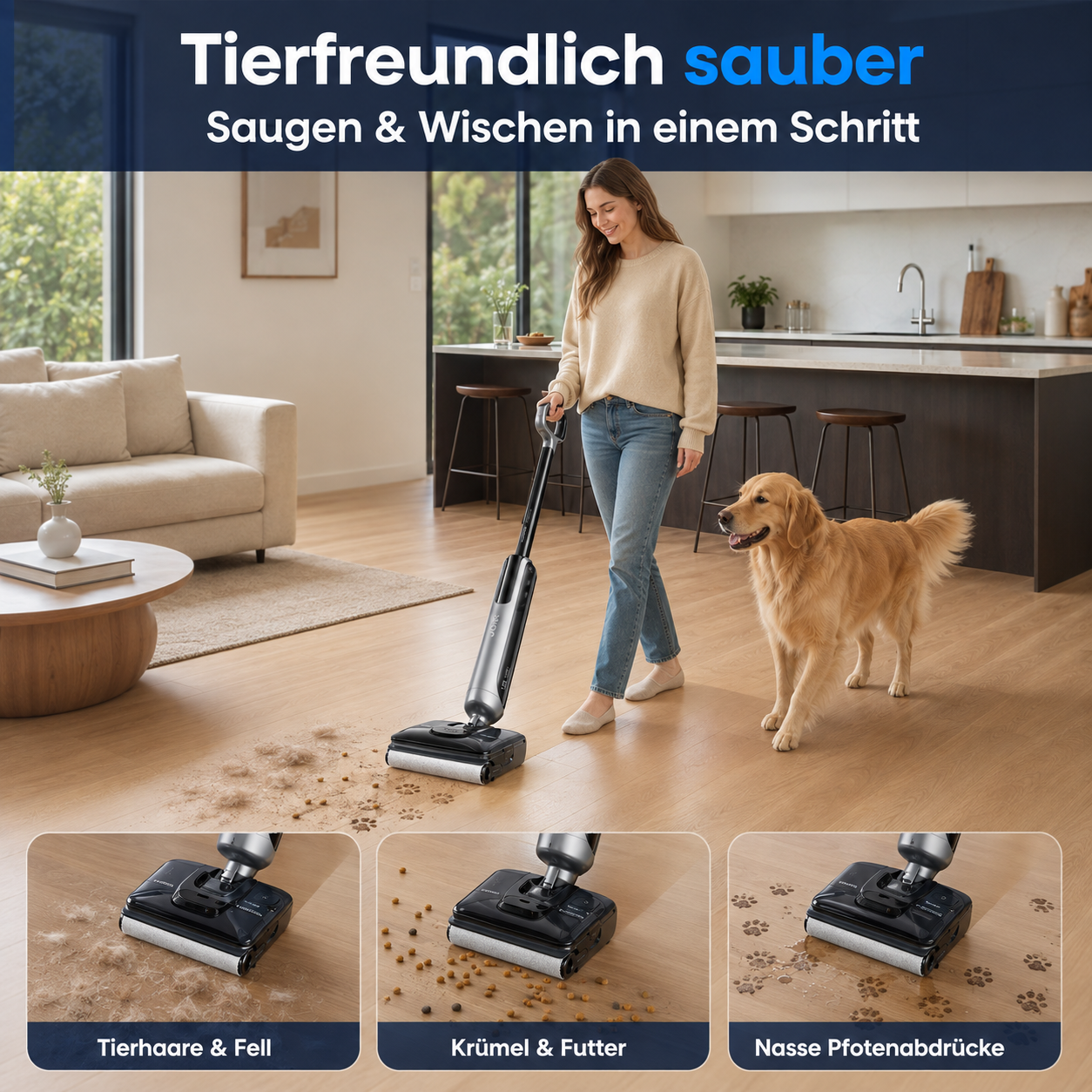 Una mujer pasa una aspiradora sin cable, un golden retriever está cerca; abajo se muestran imágenes de detalles.