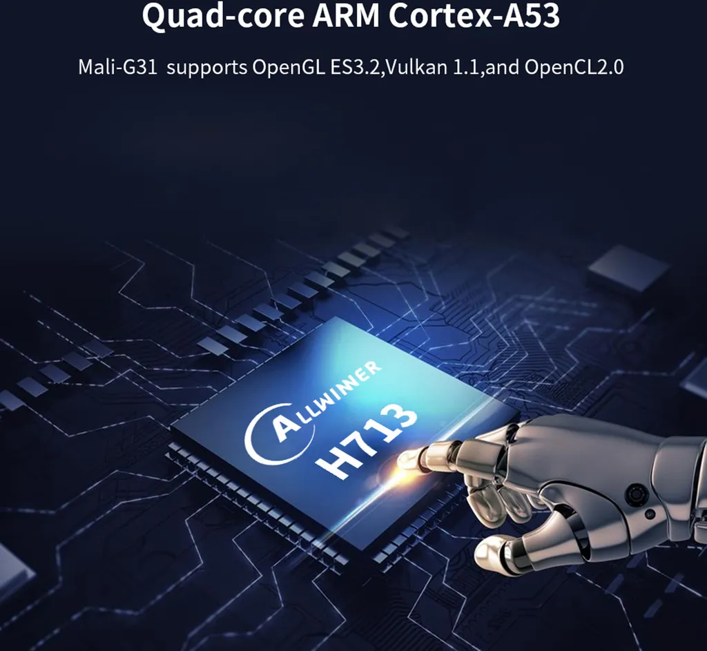 Eine Roboterhand aus Metall zeigt auf einen Allwinner H713-Computerchip auf einer Leiterplatte.