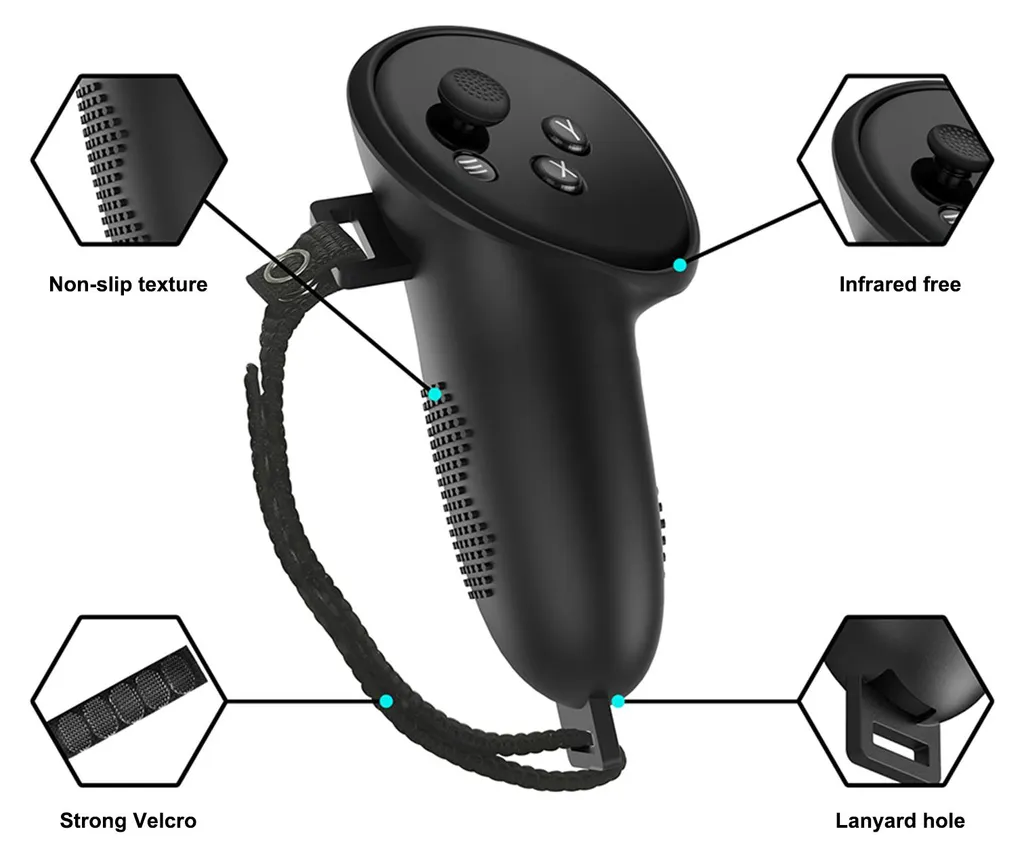 Schwarzer VR-Controller mit rutschfester Textur, Klettband und Handschlaufe.