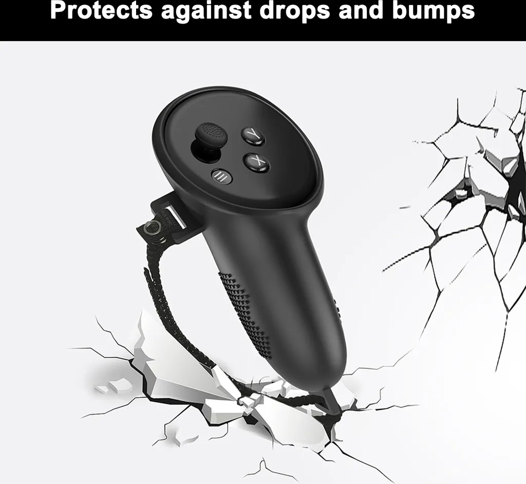 Ein schwarzer VR-Controller bricht durch eine weiße Wand, mit Text zum Schutz vor Stürzen.