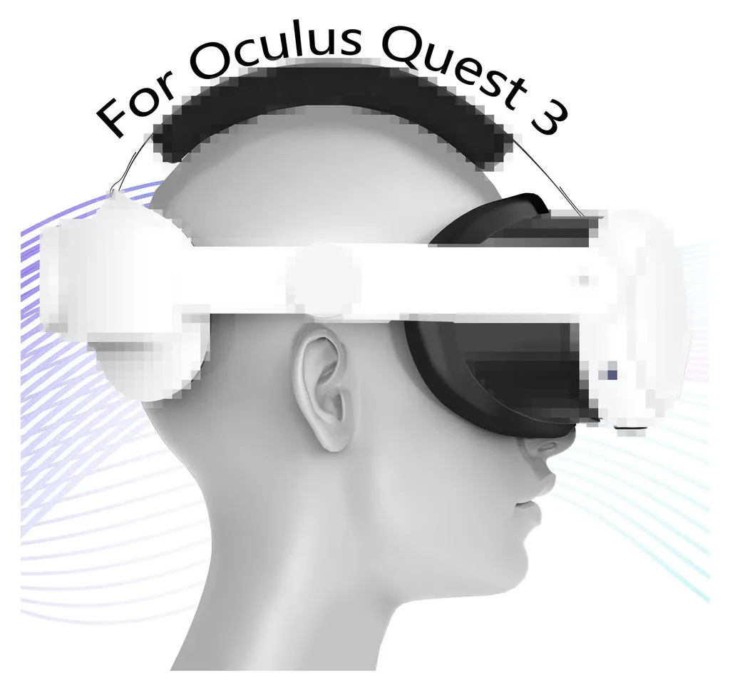 Seitenansicht eines grauen Kopfes mit einem weißen VR-Headset für Oculus Quest 3, vor einem Hintergrund mit Linien.