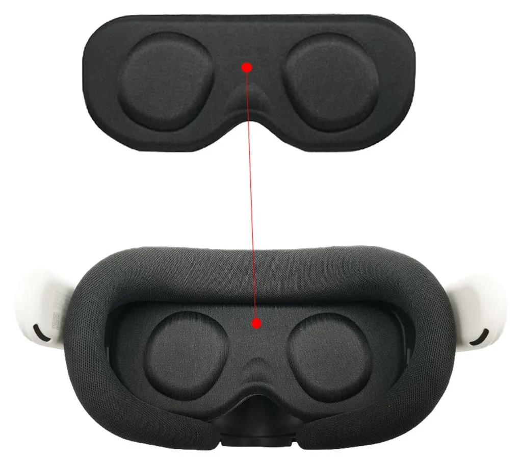Schwarzes VR-Headset-Polster und montierter Rahmen mit roter Verbindungslinie auf weißem Grund.