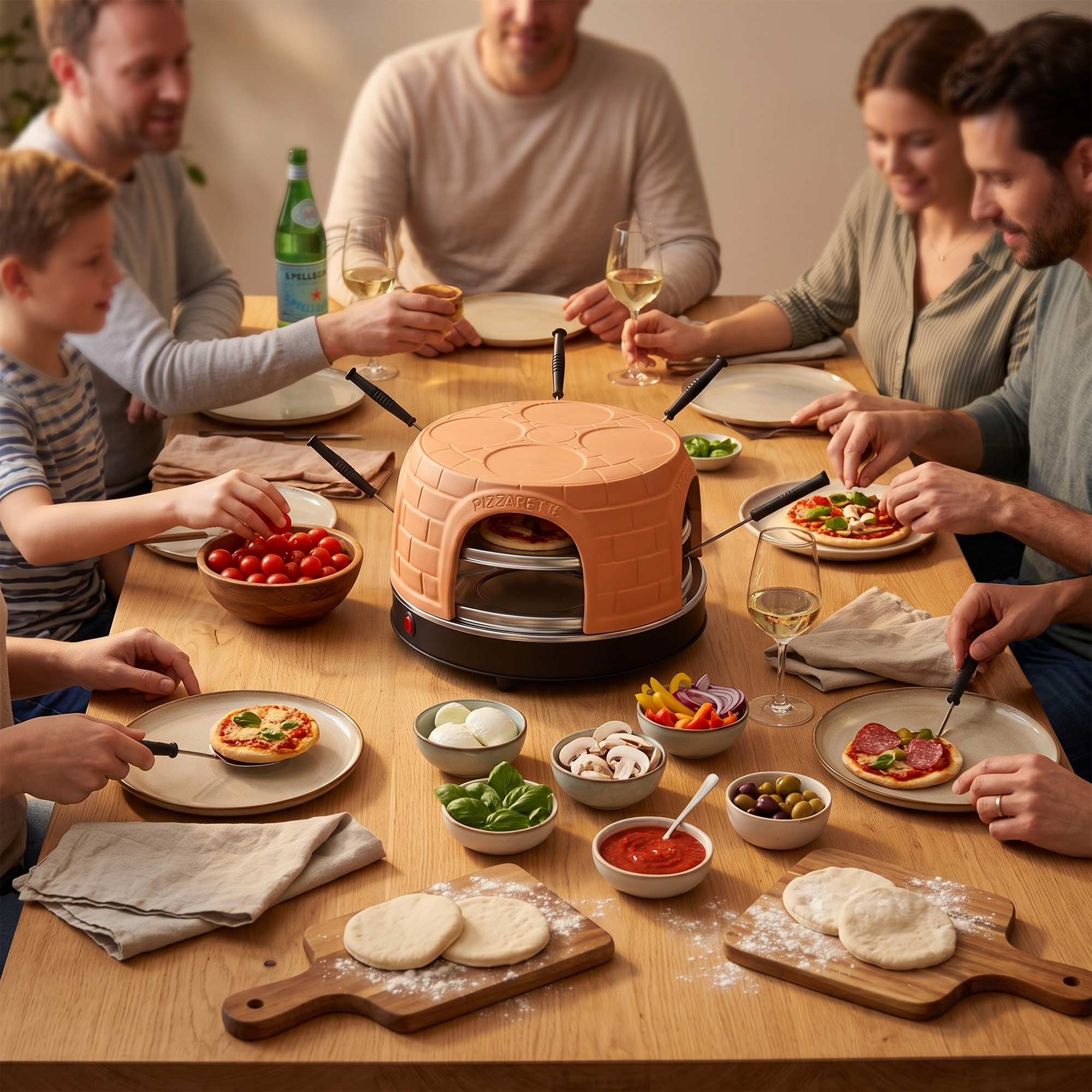 Familie sitzt am Holztisch und genießt Minipizzen aus einem Tisch-Pizzaborgan mit verschiedenen Belägen.