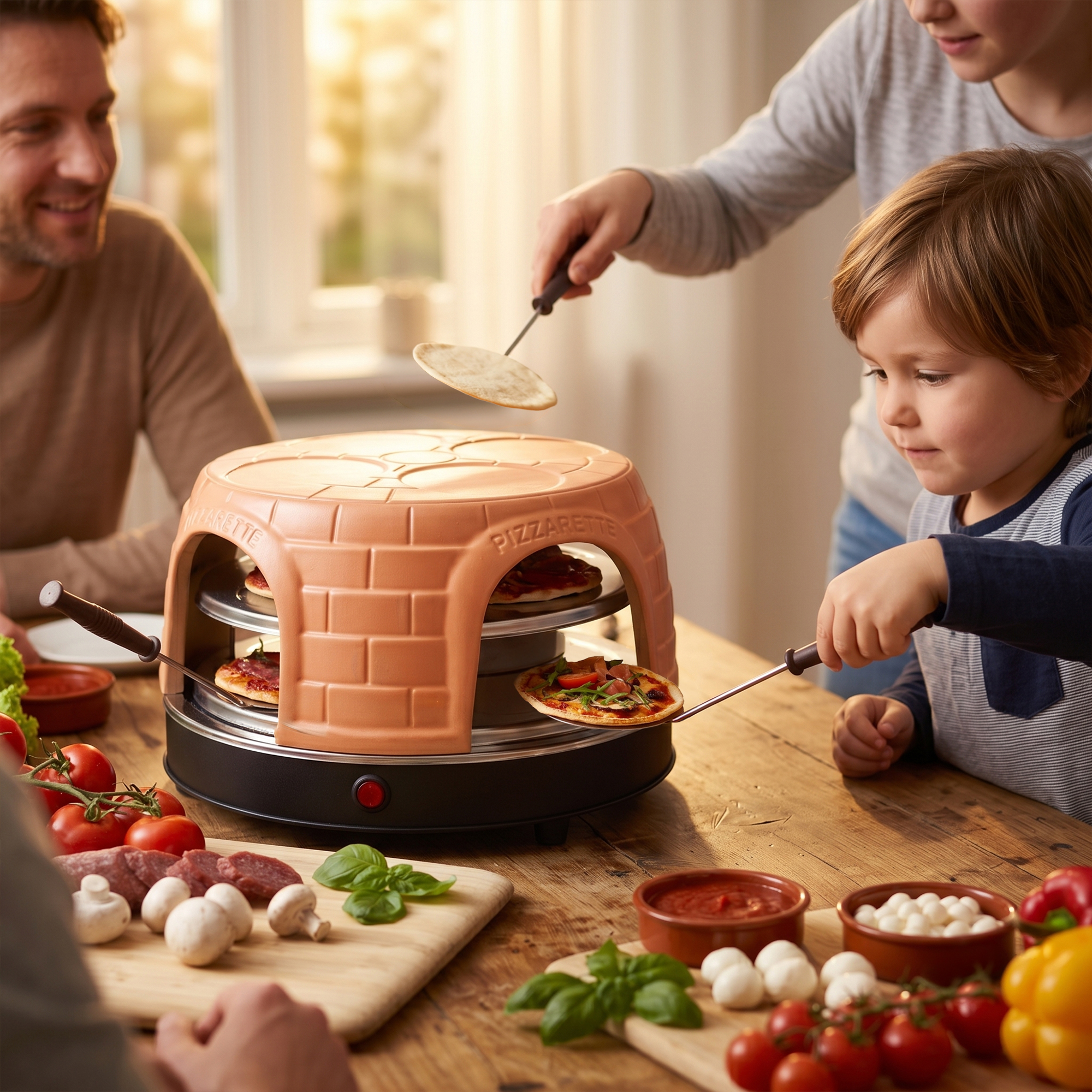 Familie kocht gemeinsam Mini-Pizzen in einem Tisch-Pizzaofen aus Terrakotta.