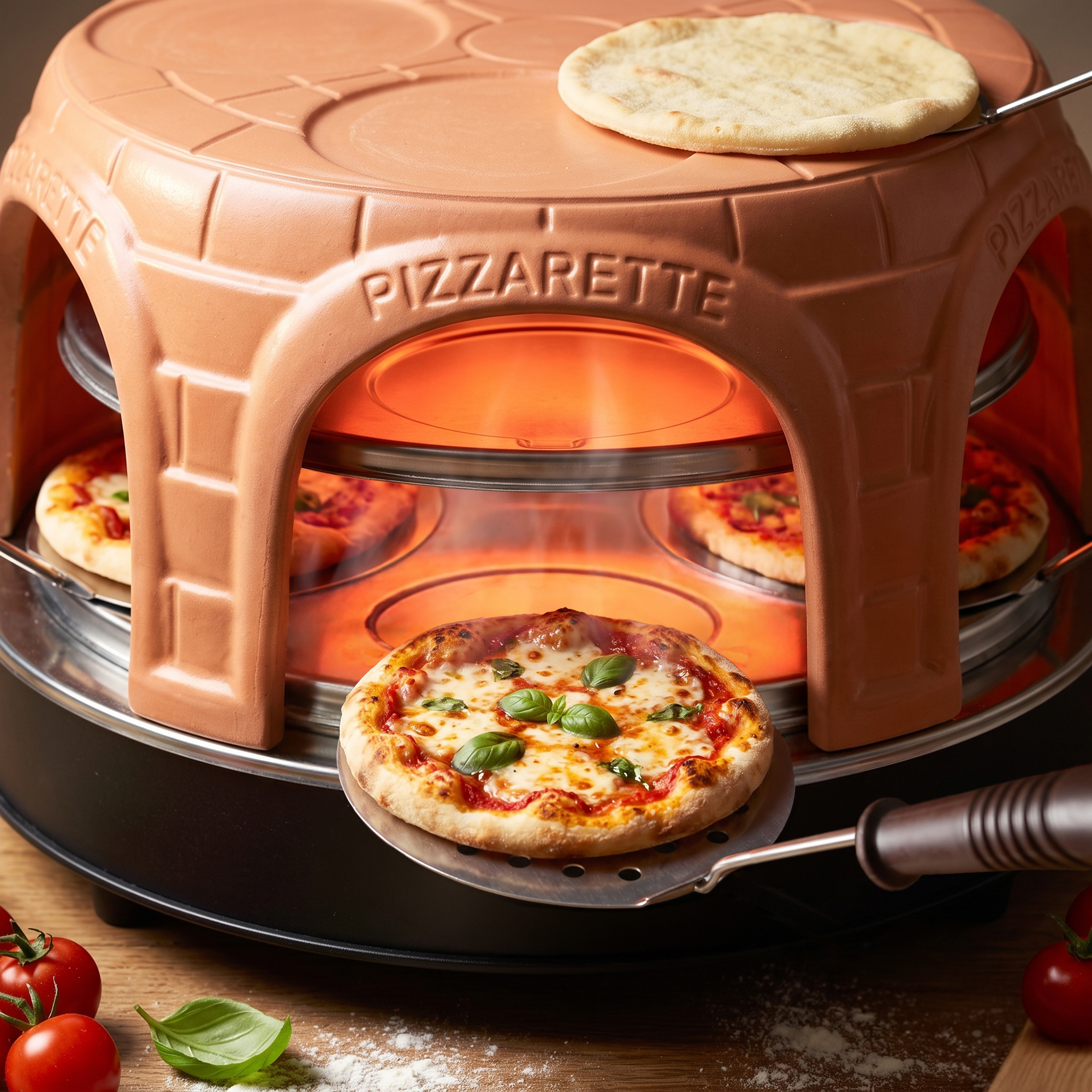 Ein Pizzarette-Ofen aus Ton backt kleine Pizzen, eine wird mit einem Schieber entnommen.