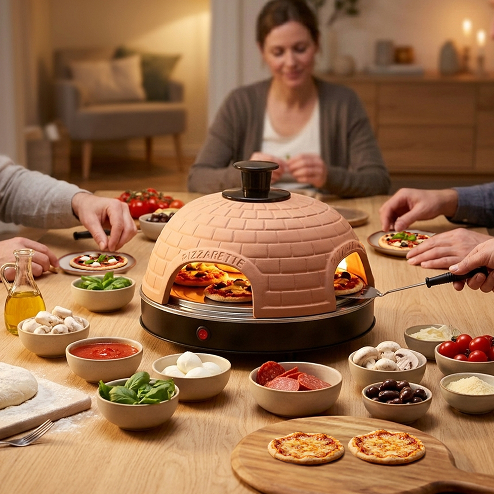 Familie bereitet mini Pizzen auf einem Pizzarette-Ofen zu, umgeben von Schüsseln mit frischen Zutaten am Tisch.