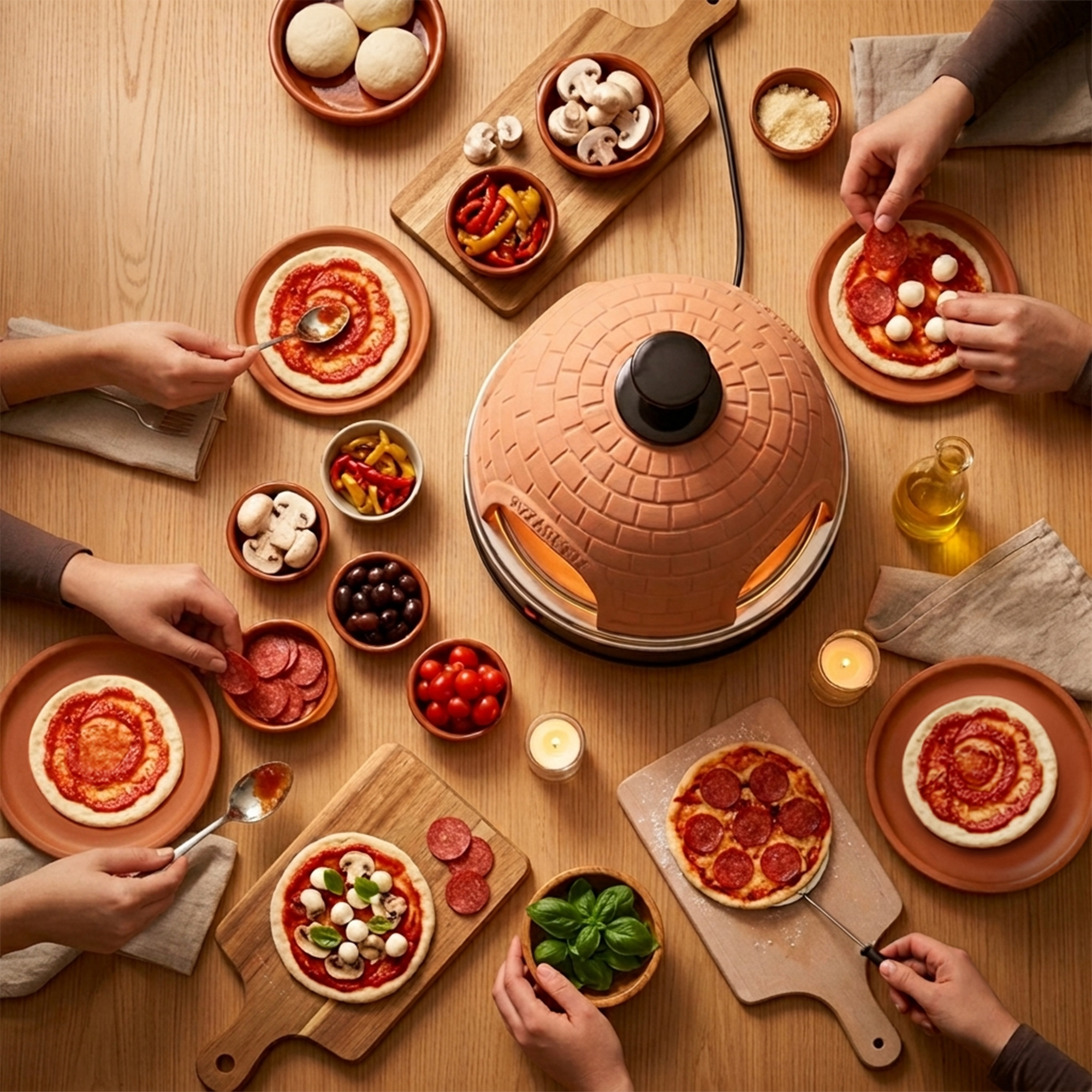 Personen bereiten um einen Terrakotta-Pizzaofen herum Mini-Pizzen mit verschiedenen Toppings zu.