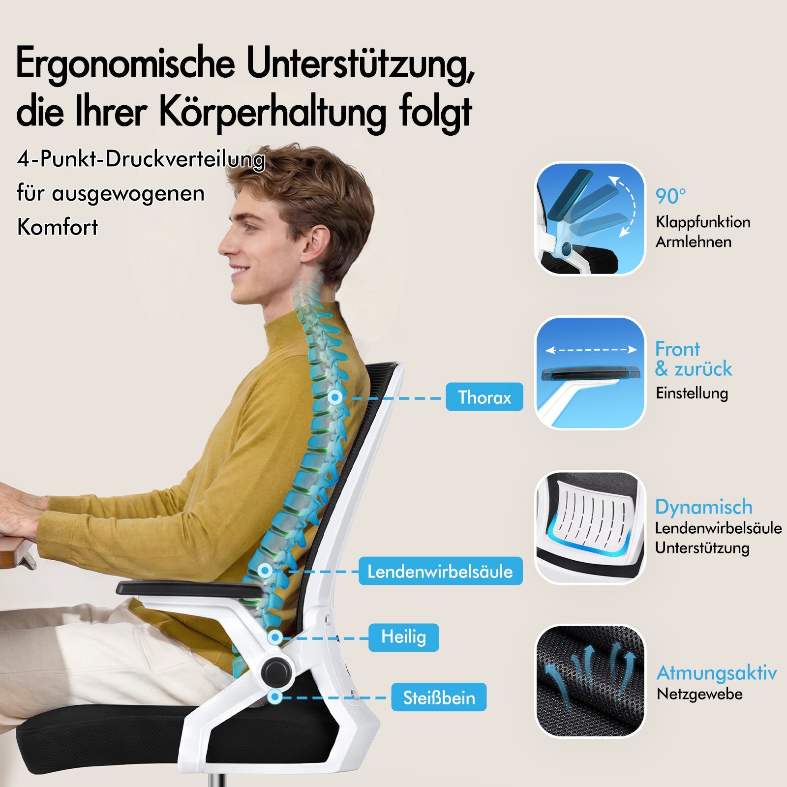 Una persona se sienta ergonómicamente en una silla, destacando la columna y los detalles funcionales.