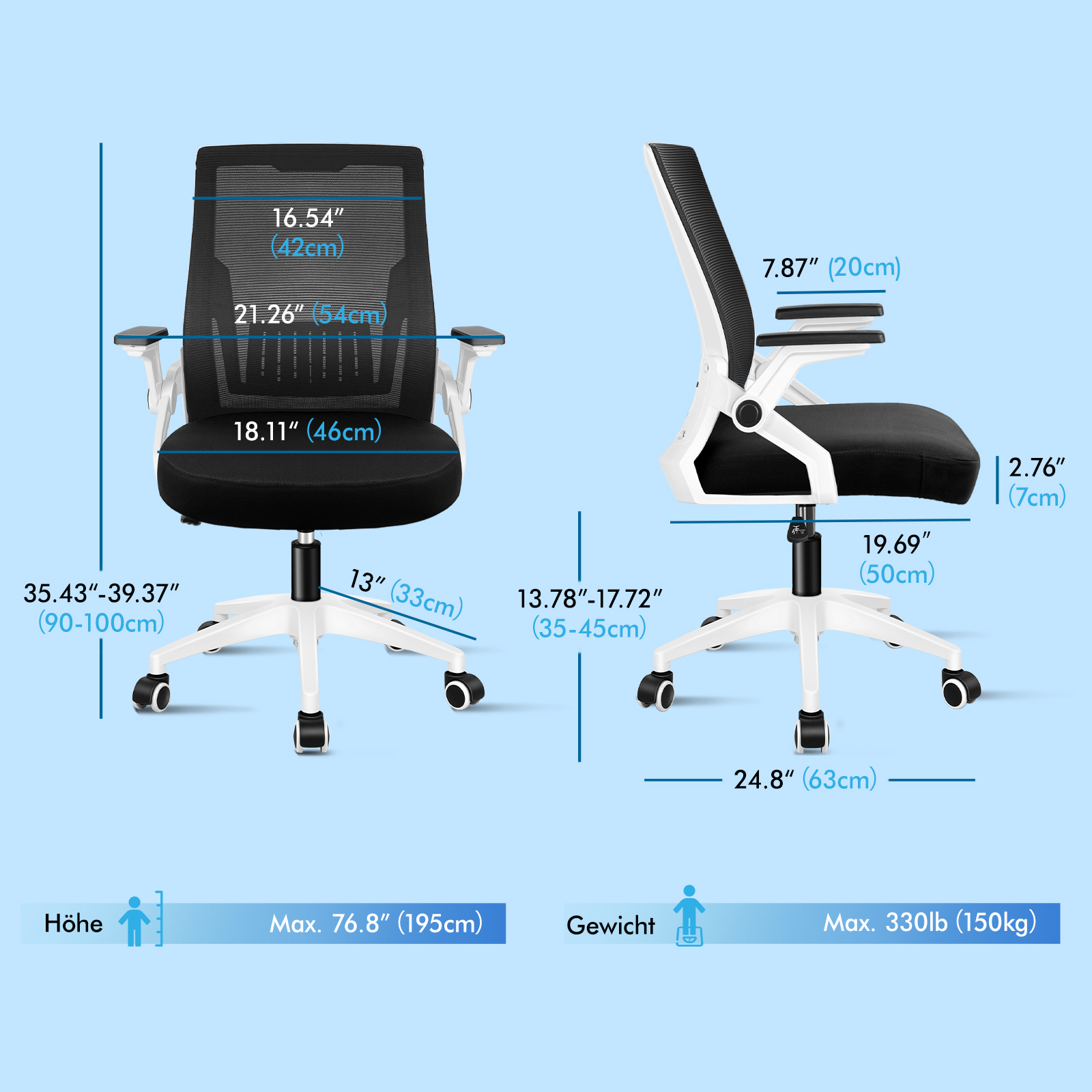 Dibujo técnico de una silla de oficina ergonómica con dimensiones en negro y blanco sobre fondo azul claro.