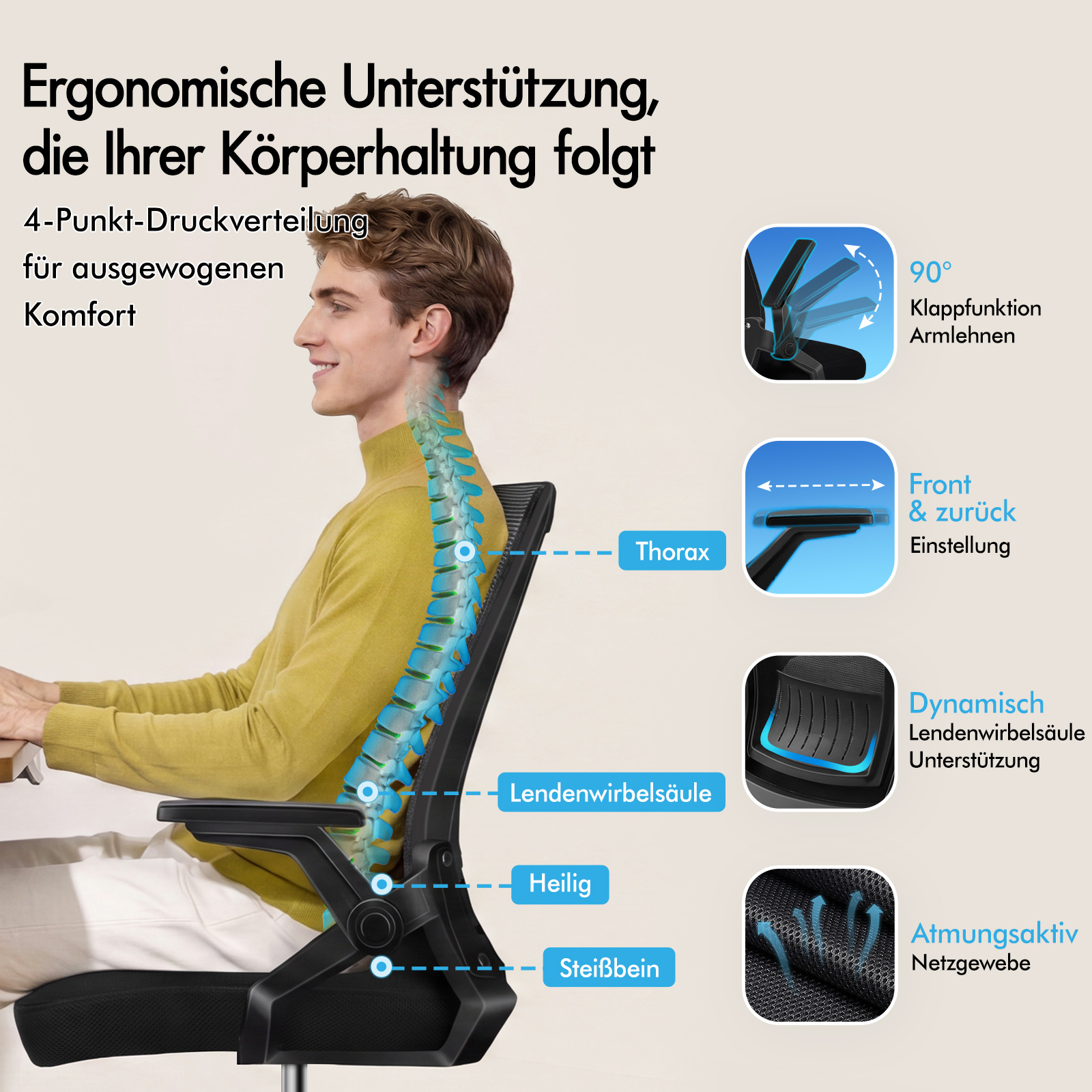 Un hombre se sienta en una silla de oficina ergonómica, mostrando la alineación de la columna.