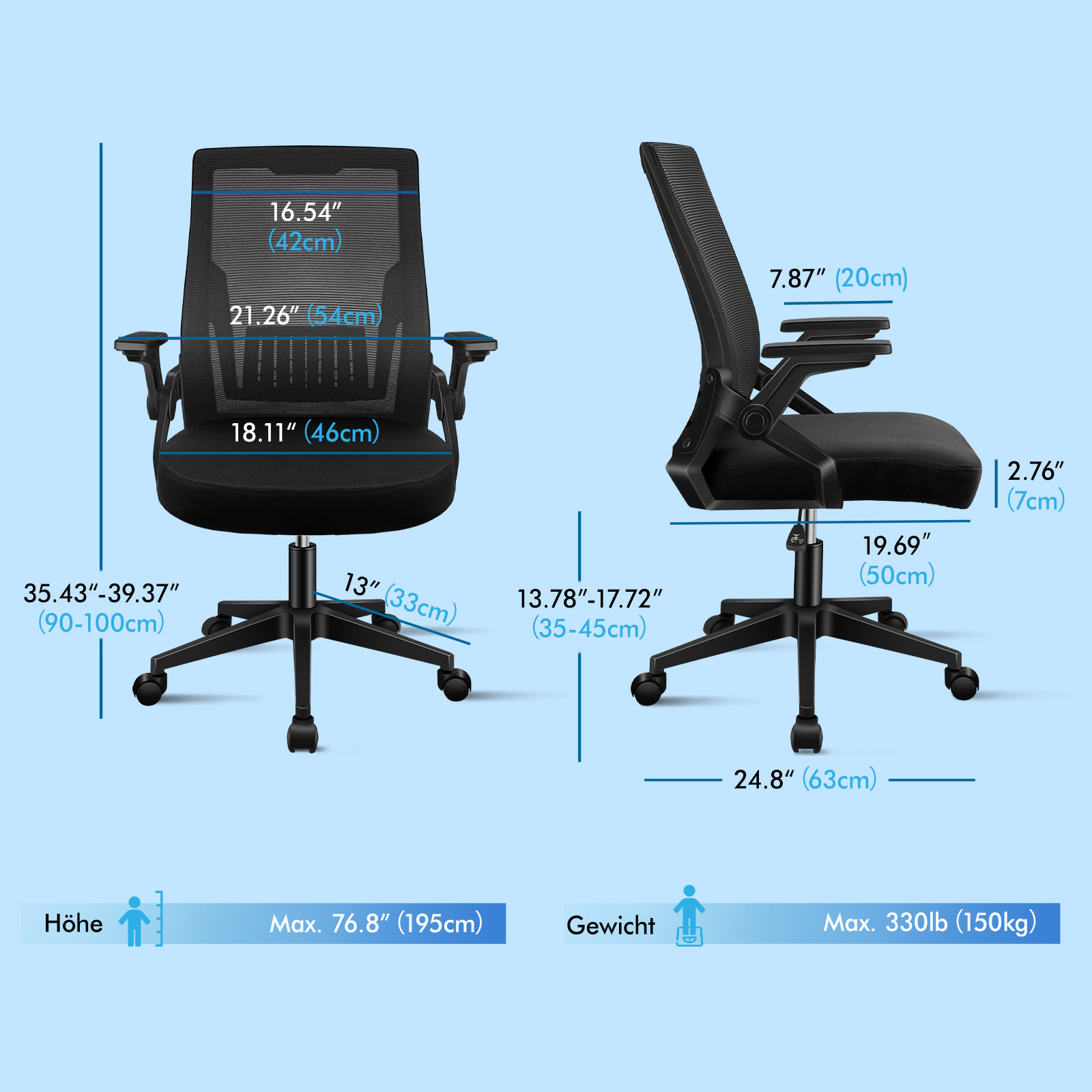 Dibujo tecnico de una silla de oficina negra con dimensiones de altura, ancho y capacidad de peso maxima.