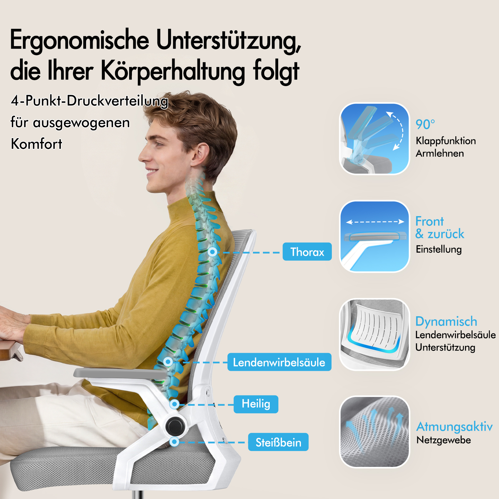 Un hombre se sienta ergonómicamente en una silla, mientras gráficos muestran su columna y funciones.
