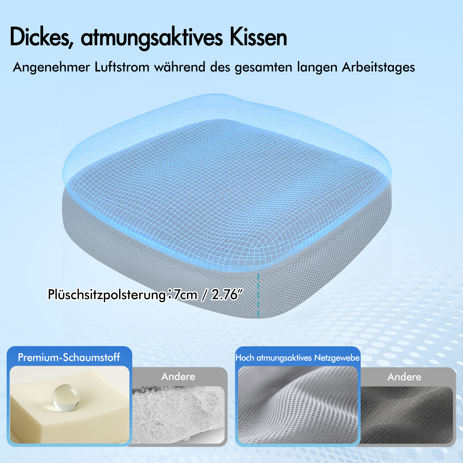 Un cojín de asiento gris de 7 cm de grosor con malla transpirable y espuma, comparado con otros.