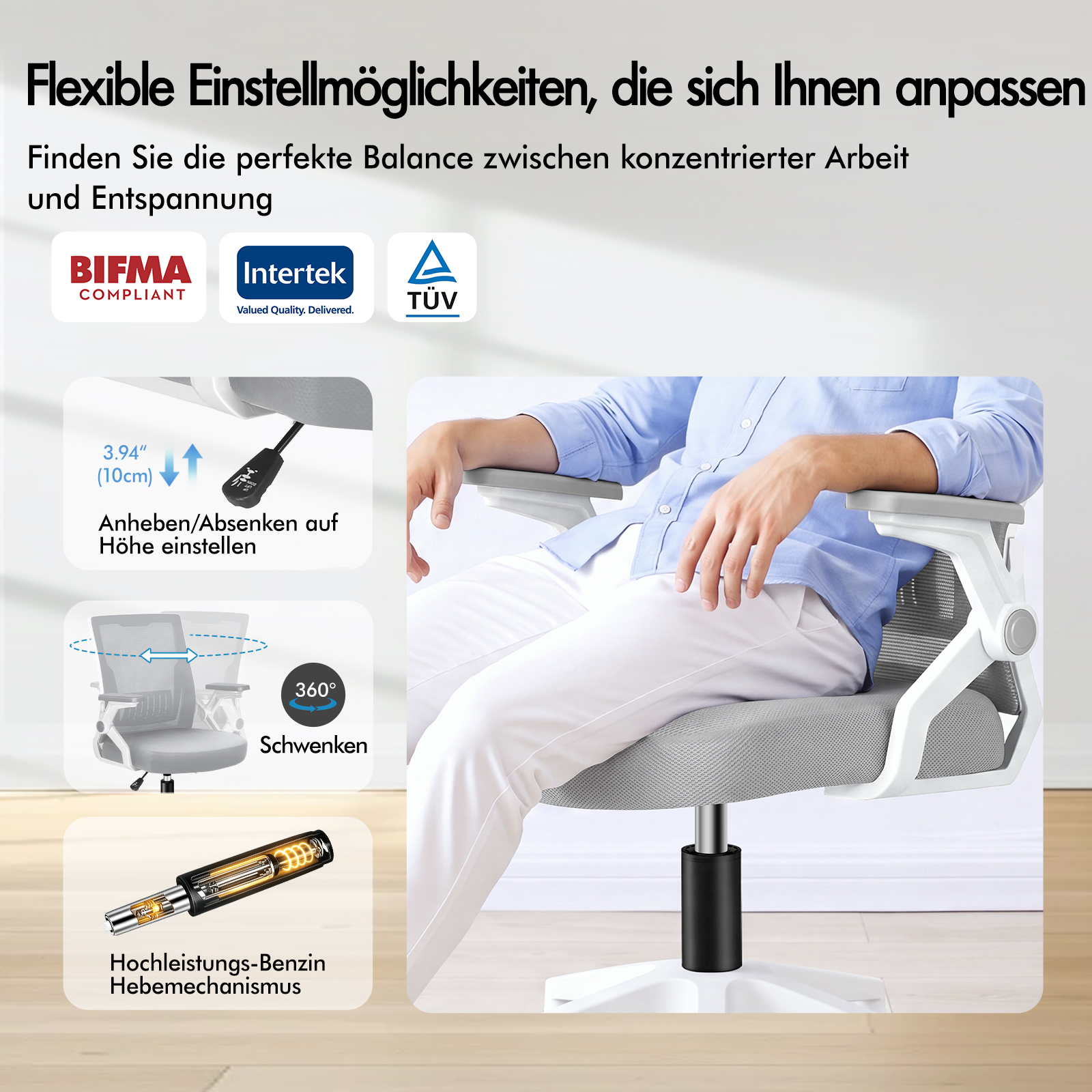 Gráfico muestra ajustes flexibles de una silla de oficina ergonómica con ajuste de altura y giro de 360 grados.