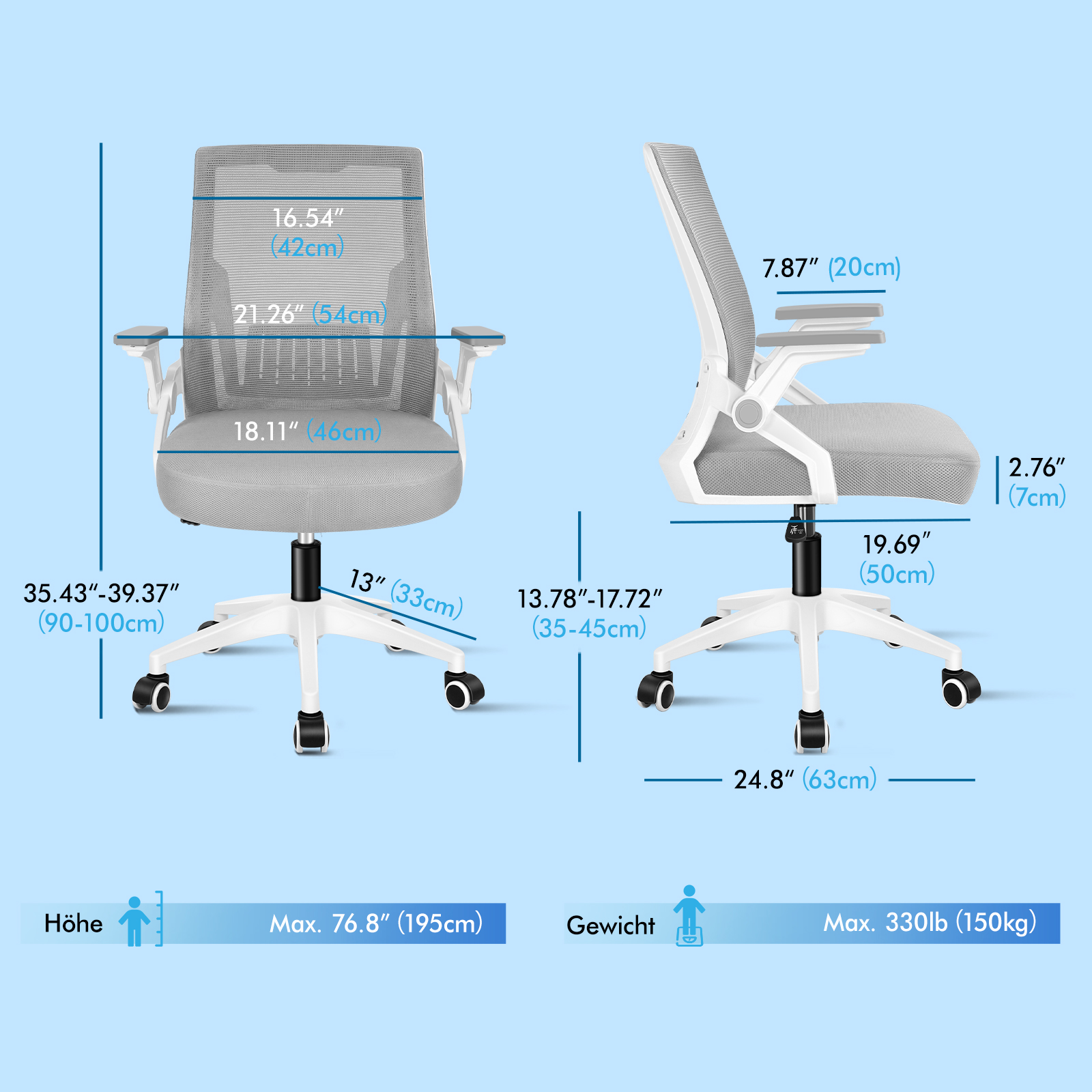 Diagrama que muestra las dimensiones de una silla de oficina ergonómica gris.