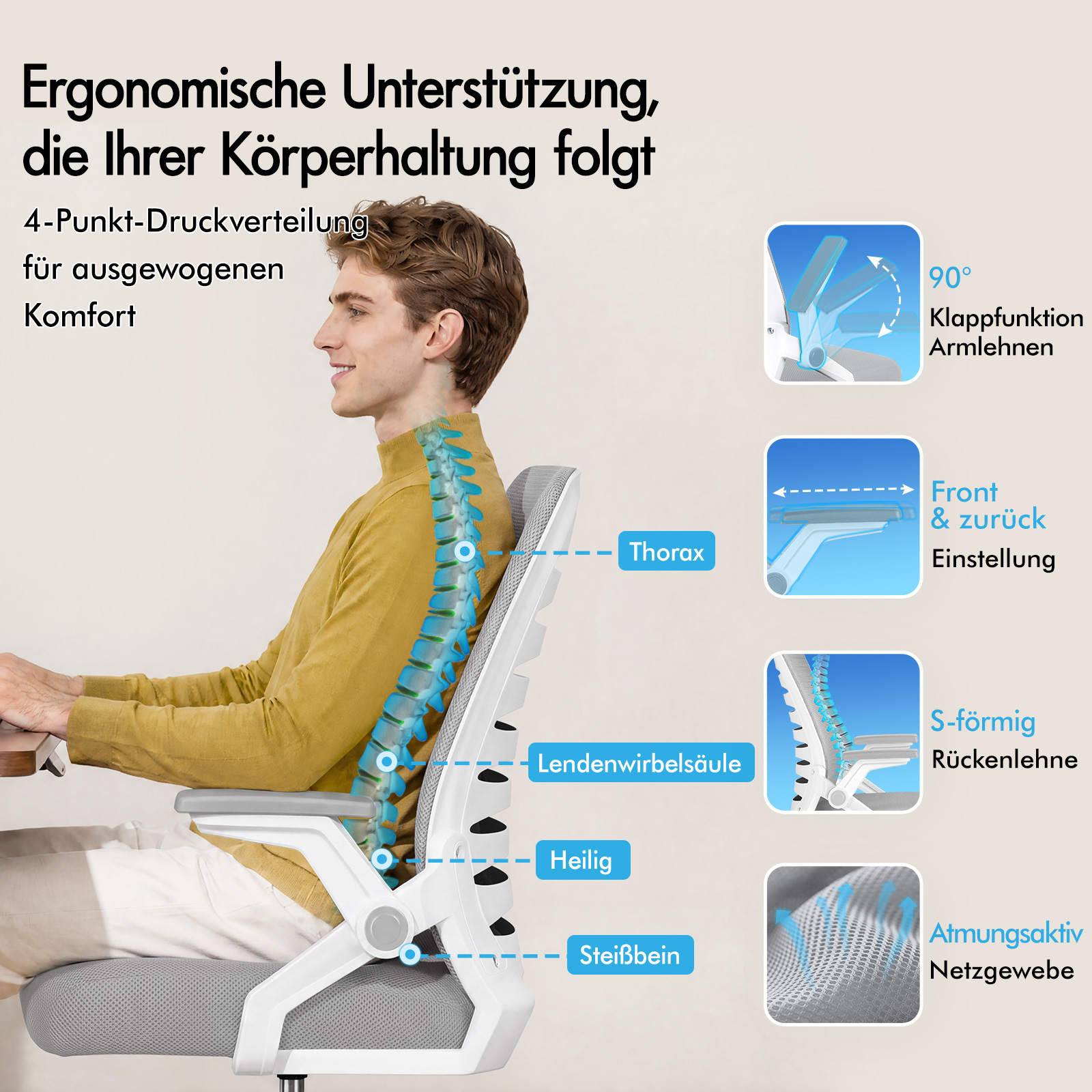 Un hombre sentado en una silla ergonómica con relieve de columna e iconos de ajuste.