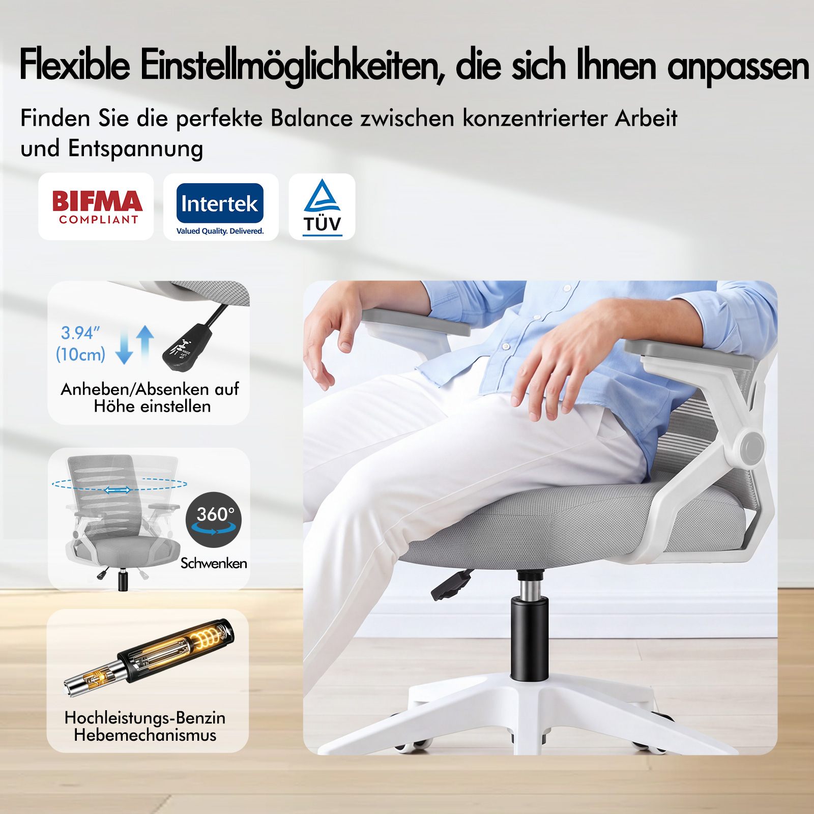Silla de oficina con ajustes flexibles que incluyen control de altura y giro de 360 grados.