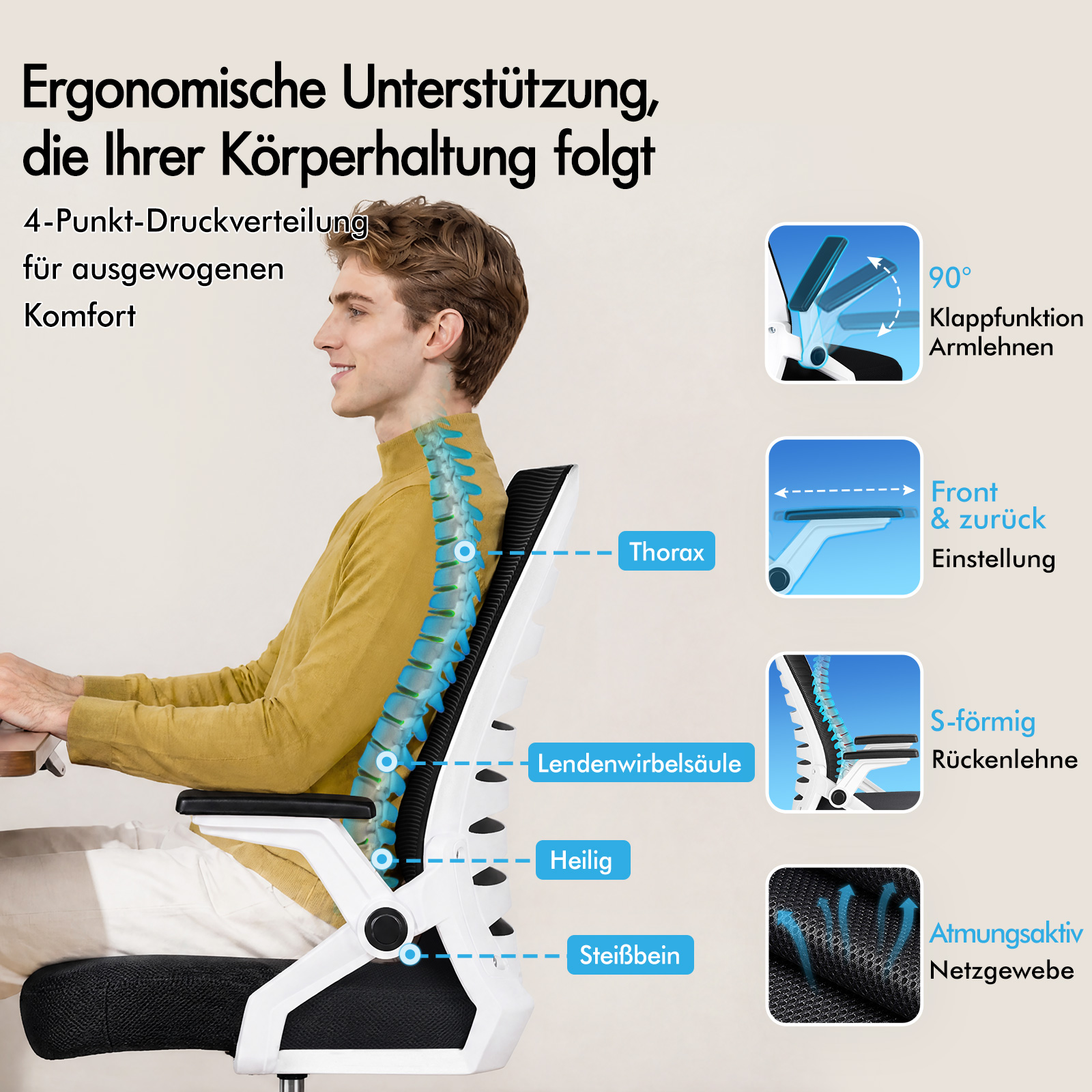 Un hombre se sienta en una silla ergonómica que muestra soporte para la espalda.