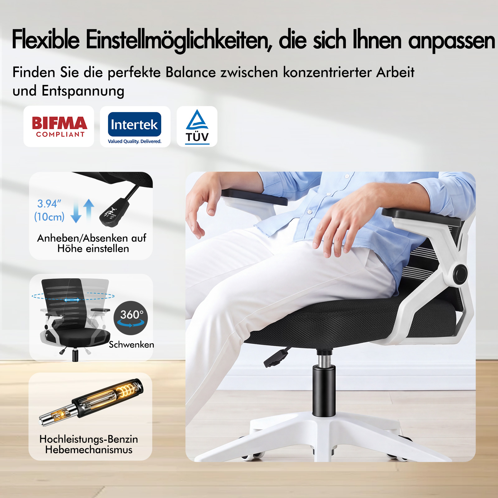 Una silla de oficina con altura ajustable y giro de 360 grados, mostrada con una persona sentada.