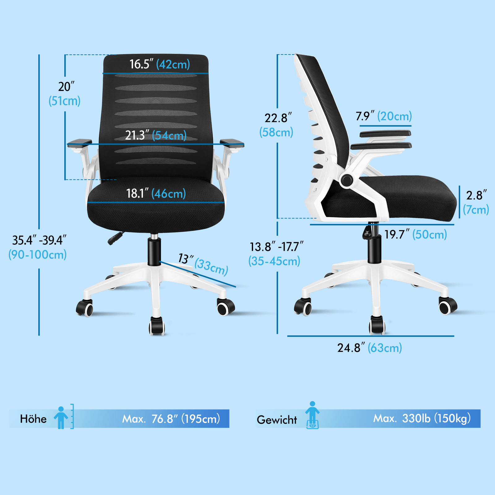 Dibujo técnico de una silla de oficina con medidas de altura, asiento y reposabrazos sobre un fondo azul.