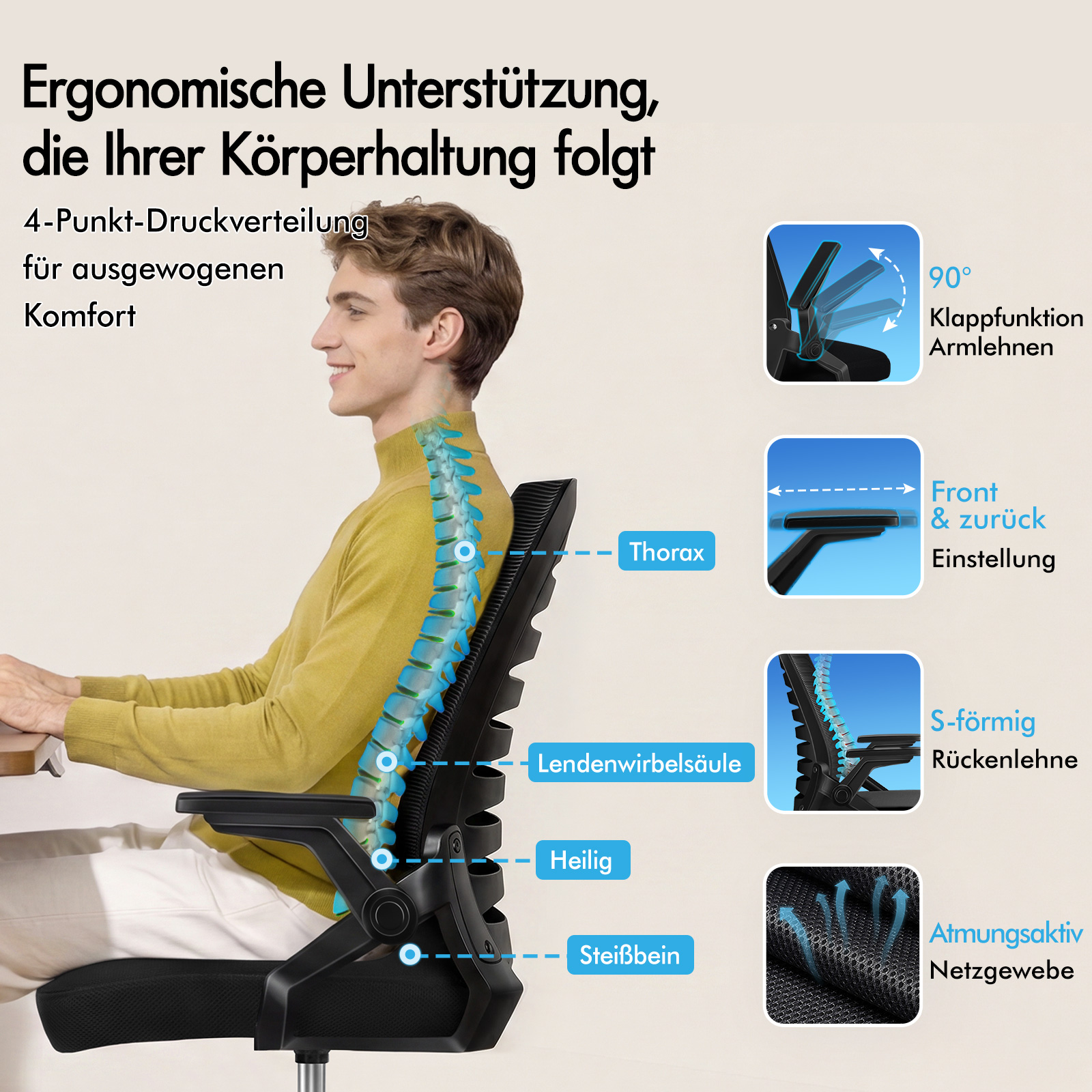 Silla ergonómica con soporte lumbar y funciones ajustables para mayor comodidad.