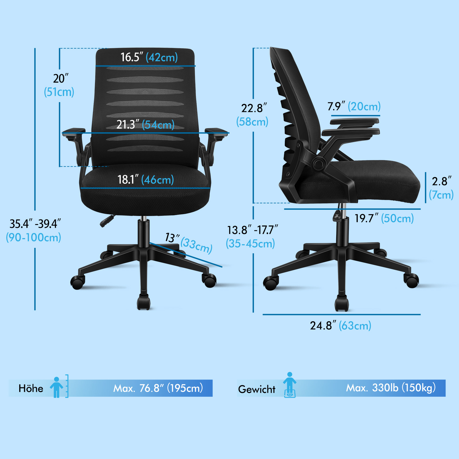 Diagramas técnicos frontal y lateral de una silla de oficina negra con dimensiones en pulgadas y centímetros, fondo azul.