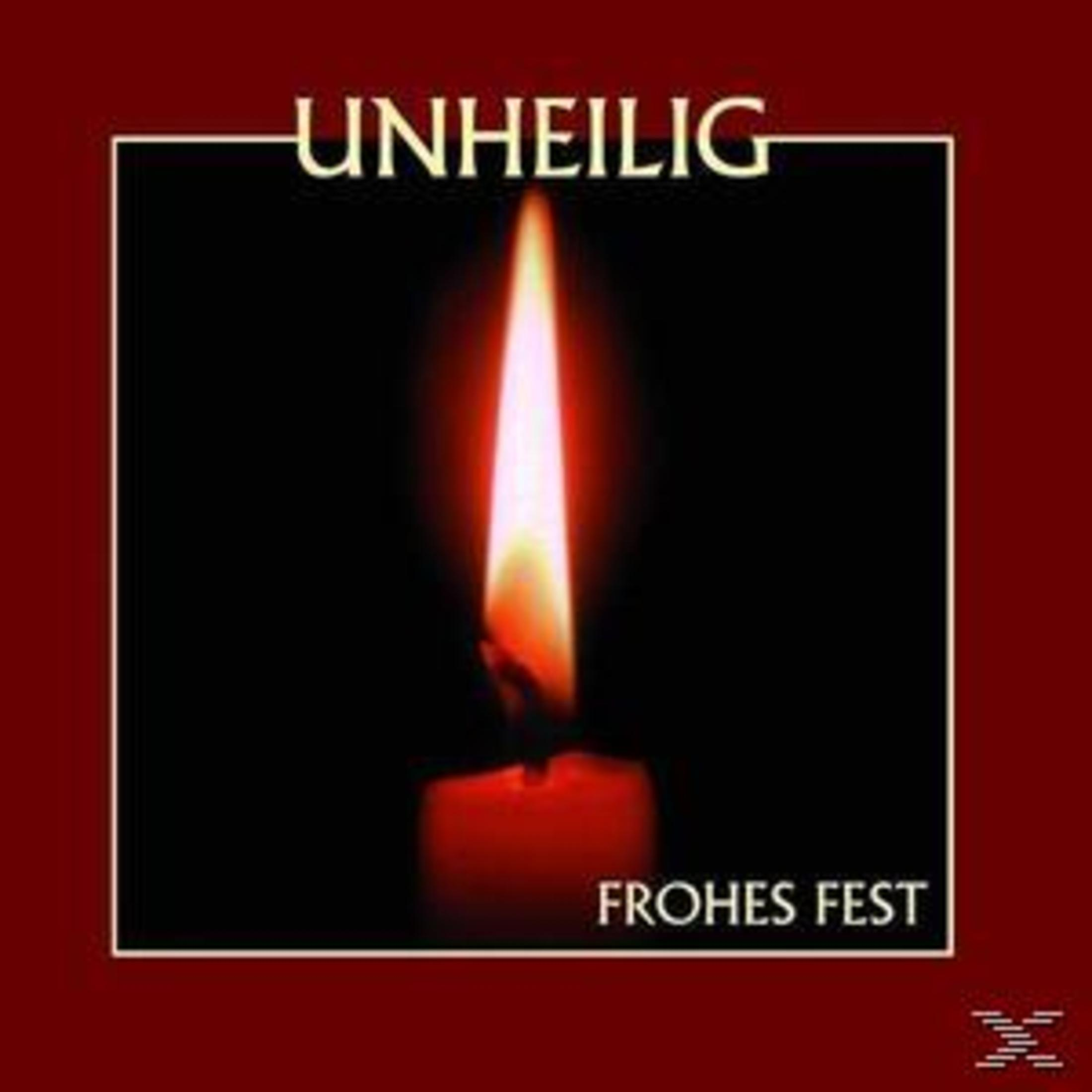 Eine brennende Kerze vor dunklem Hintergrund mit den Texten Unheilig und Frohes Fest.