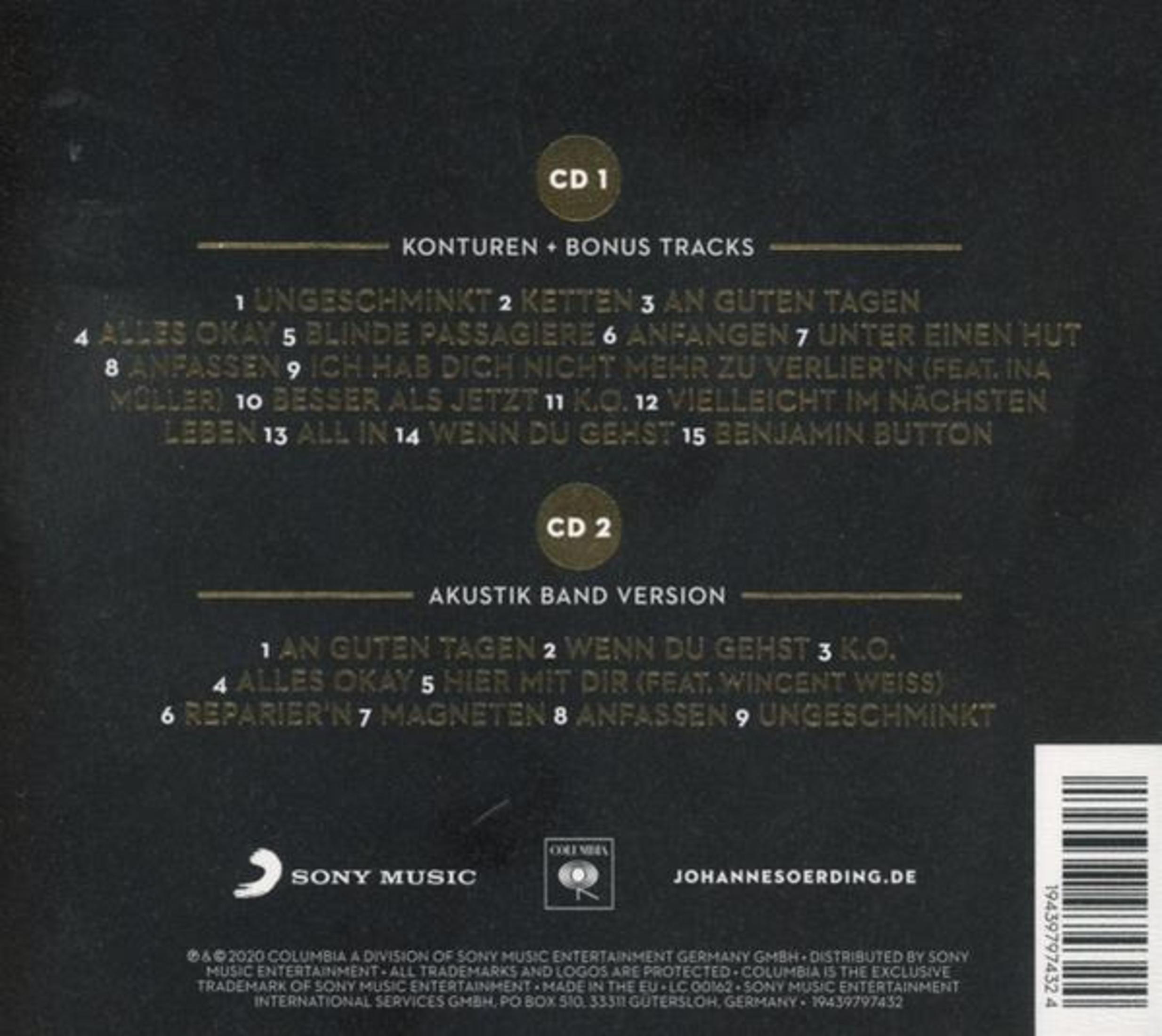 Rückseite einer CD-Hülle mit zwei CDs, Tracklisten, Sony Music-Logo und Barcode auf schwarzem Hintergrund.