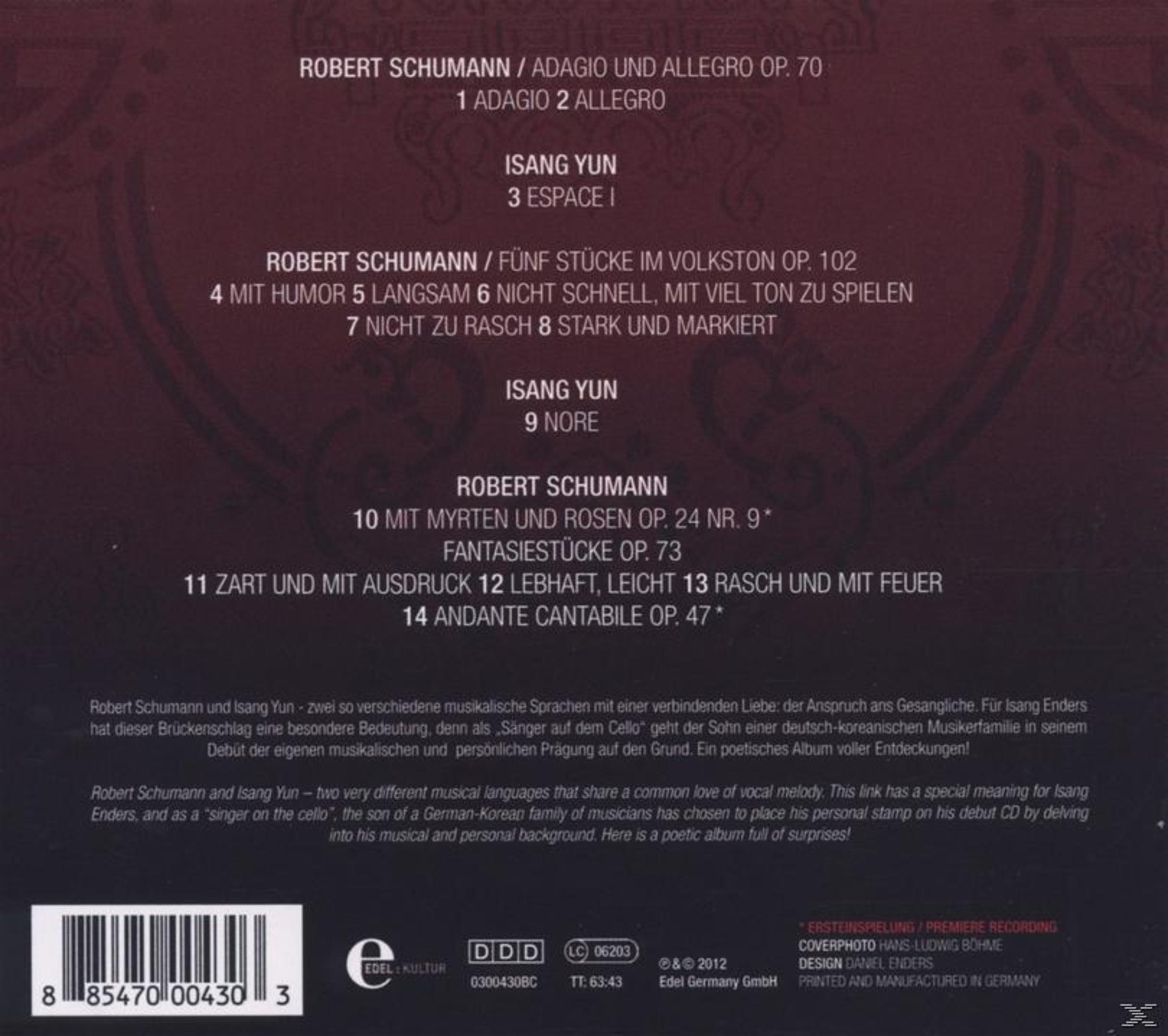 Dunkelrote CD-Rückseite mit klassischen Titeln von Schumann und Yun und einem Barcode unten links.